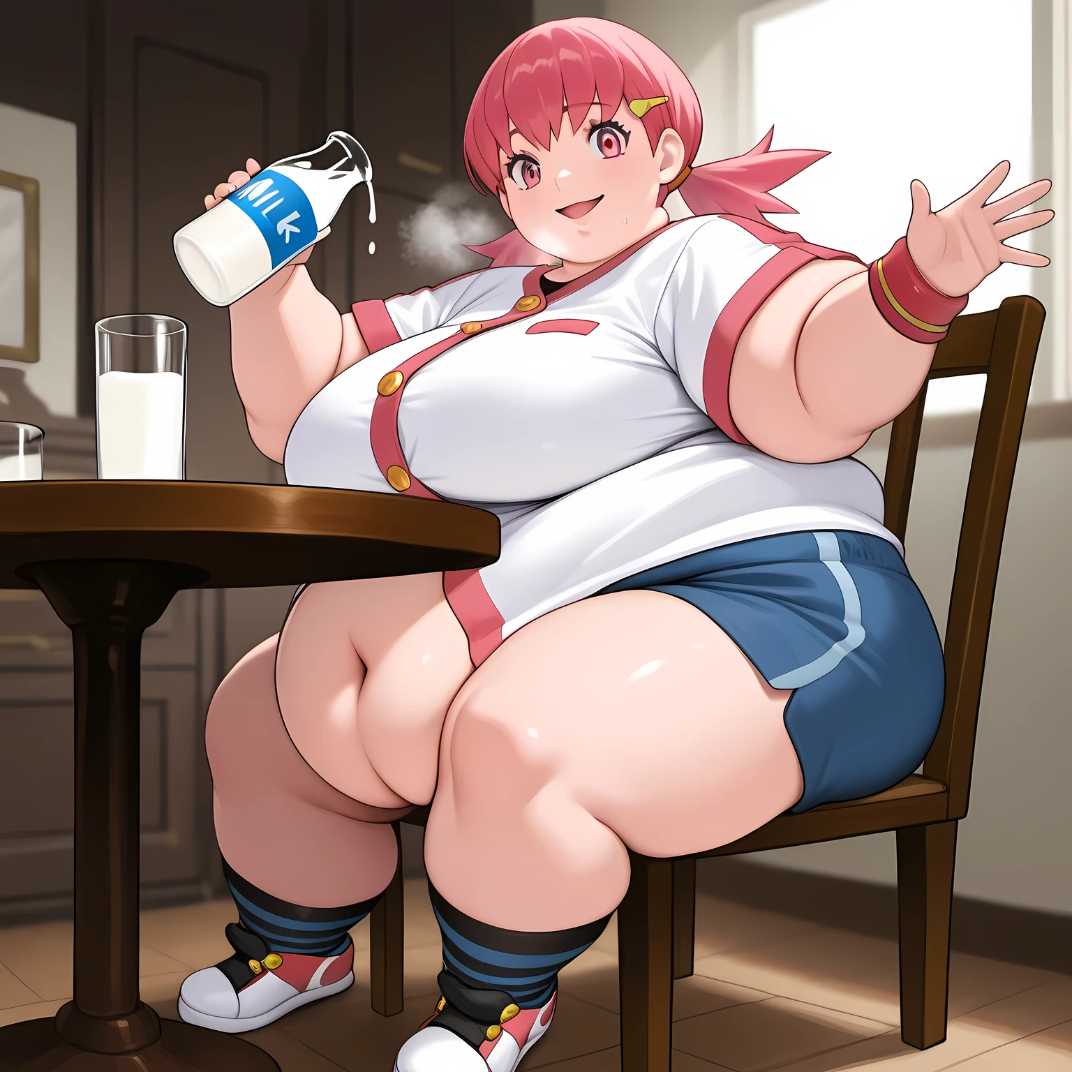masterpiece, best quality, 1girl, solo, pkwtn, pink hair, low twintails, pink eyes, eyelashes, large breasts, gold hairclip, white shirt, buttons, short sleeves, single wristband, blue shorts, shorts shorts, striped socks, blue socks, black socks, sneakers, sitting, glass of milk, table, holding bottle of milk, happy, parted lips, looking at viewer, chair, indoors fat, chubby, obese, gigantic arms and legs, large breasts open mouth, out of breath
