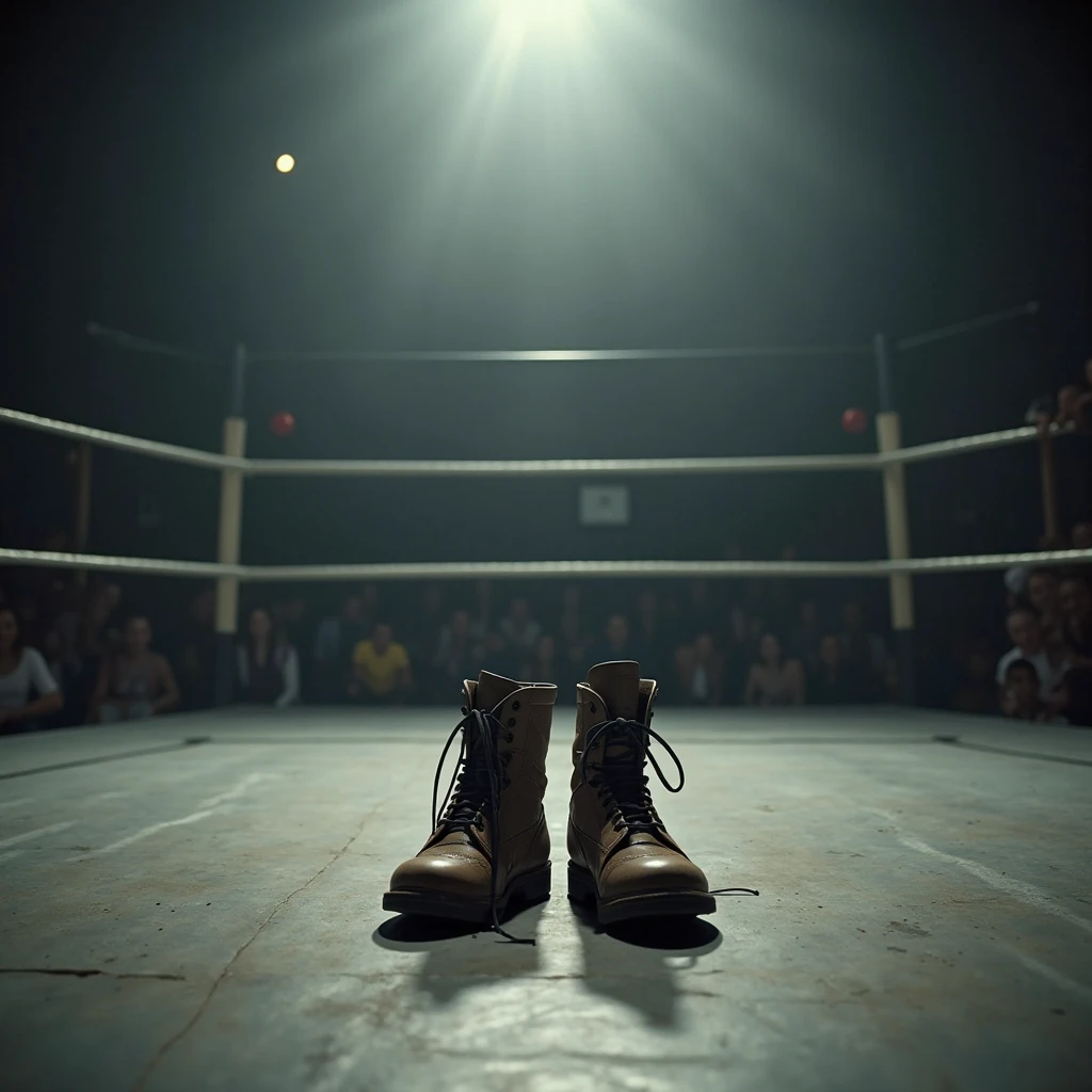 A man and a robot in fighting position on one side ,and a robot in fighting position on the other, the two facing each other as in a ufc fight .in the background of the image various instruments guitar ,guitar ,and on a podium a gold medal --auto