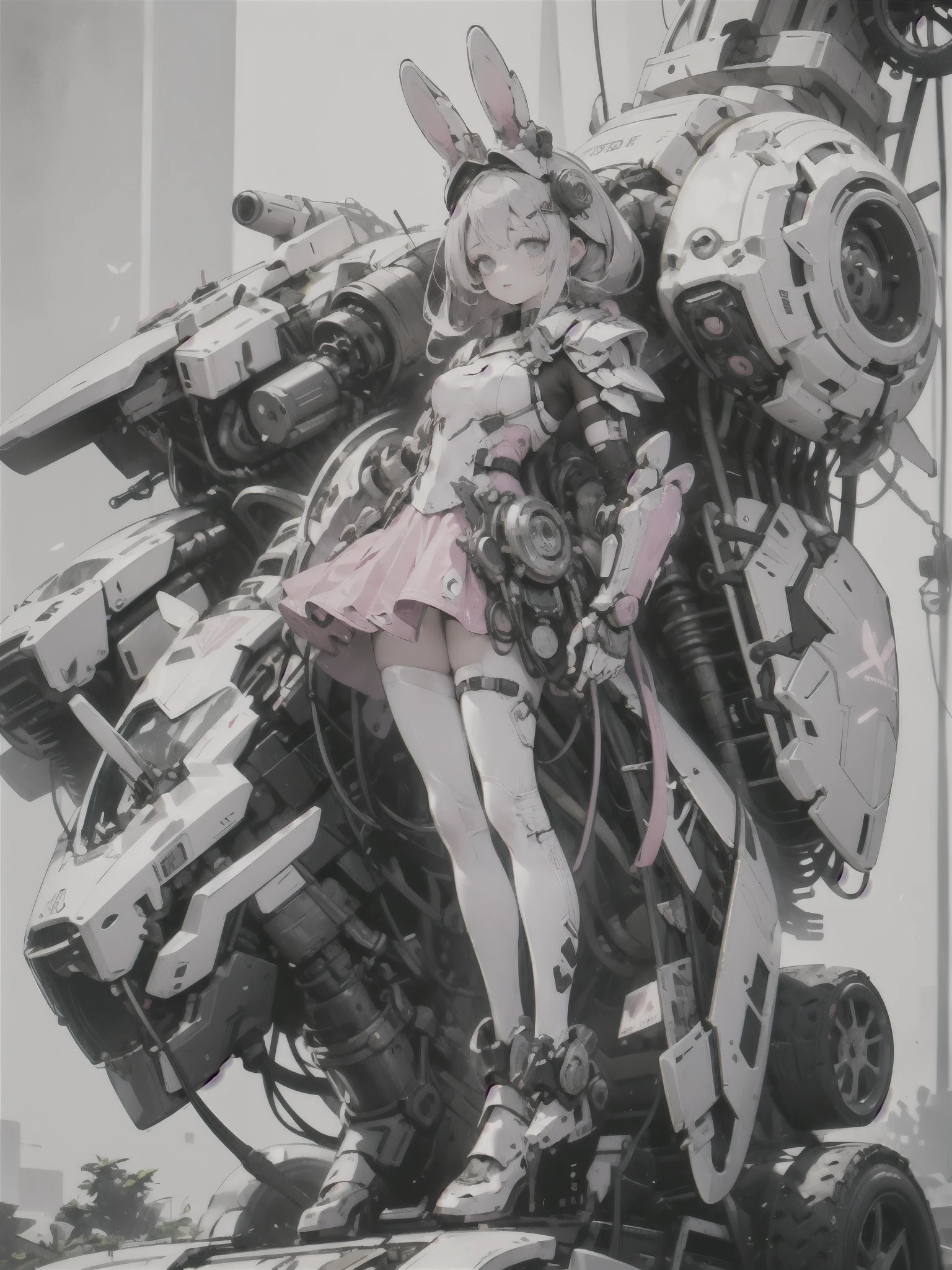 rabbit ear,  mechanic, mechanical body,, ultra detail, masterpiece, top quality, esthetic, detail,, serious, 1girl, (White Eye:1.1), ( GREY EYES :1.3), pink gold very long hair, Part-hair, split bangs, small breasts,, Valkyrie, (bodysuit:1.1),  pink feather hair ornament, grey Armored skirt, black bodysuit, Armor, Gauntlet, Pink breastplate, greaves, Armored dress, pink,