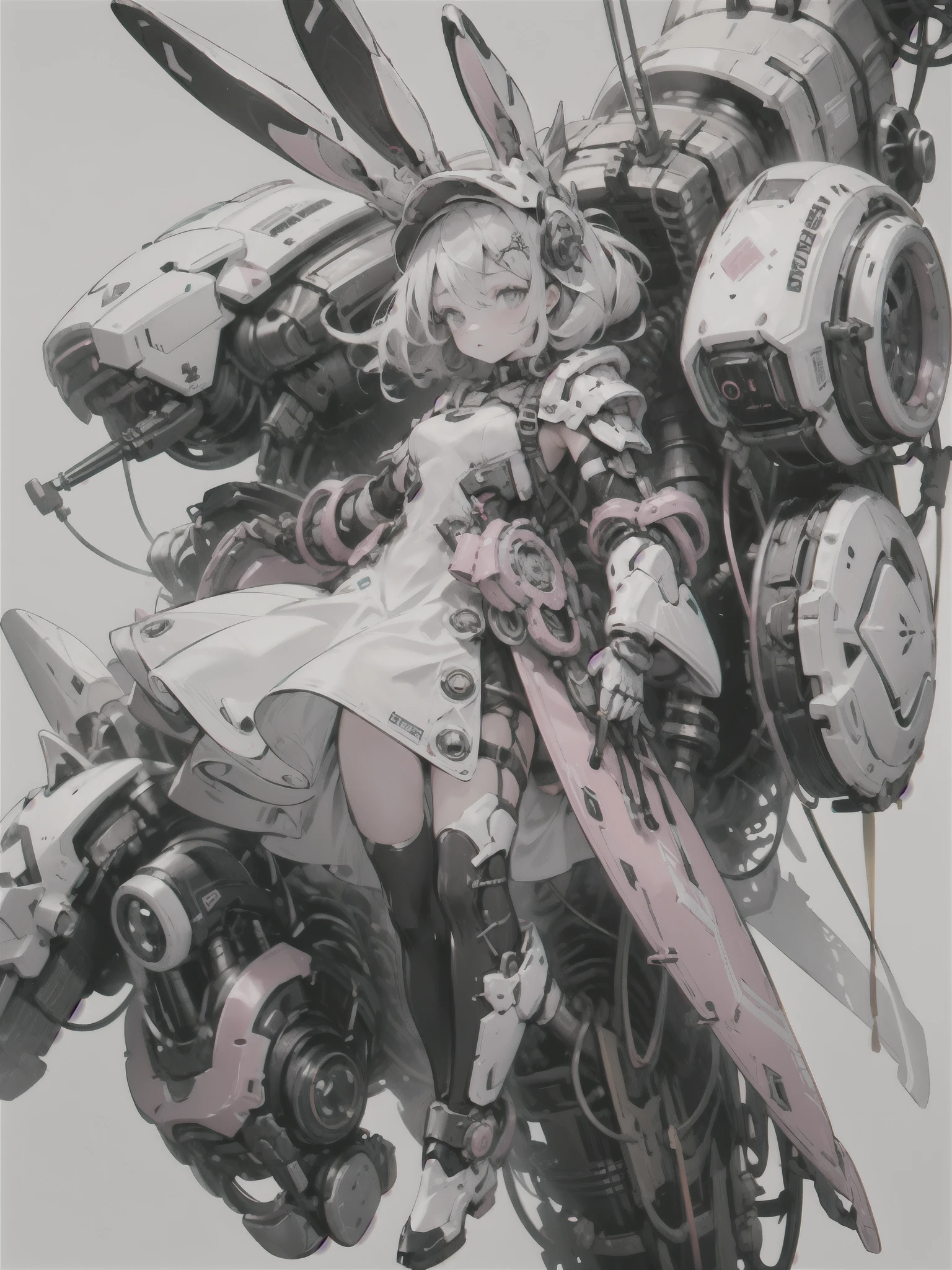 rabbit ear, mechanic, mechanical body,, ultra detail, masterpiece, top quality, esthetic, detail,, serious, 1girl, (White Eye:1.1), ( GREY EYES :1.3), pink gold very long hair, Part-hair, split bangs, small breasts,, Valkyrie, (bodysuit:1.1), pink feather hair ornament, grey Armored skirt, black bodysuit, Armor, Gauntlet, Pink breastplate, greaves, Armored dress, pink,