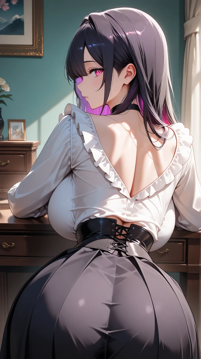 masterpiece,best quality,highres,ultra-detailed,aaloo,long hair,two side up,bangs,hair ribbon,(black hairband:1.2),breasts,(corset top:1.2),(garter belt:1.2),garter straps,choker,thighs,(embarrass:1.2),sitting,squatting,_open_legs,indoors,over-kneehighs,(panties:1.2)
