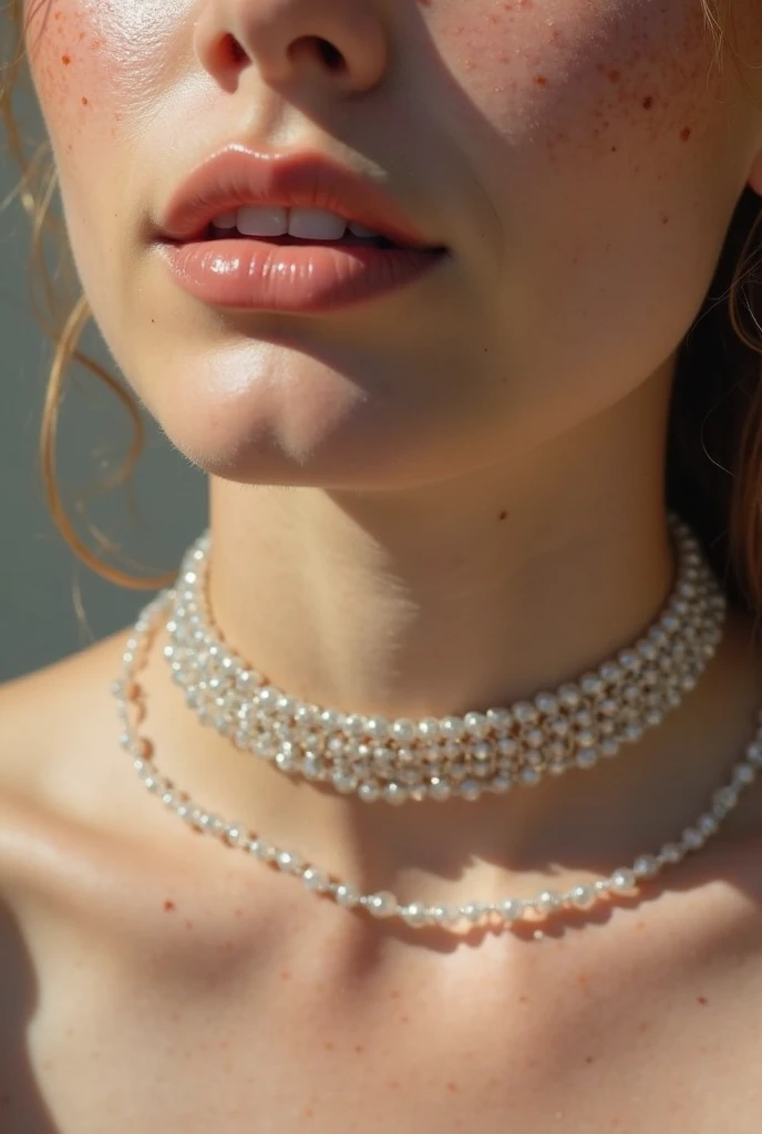 closeup portrait of a Glossy russian hijabi female upper body wearing a slick-lacquered blouse and a liquid-lacquered vest, also wearing earrings and a pearl necklace