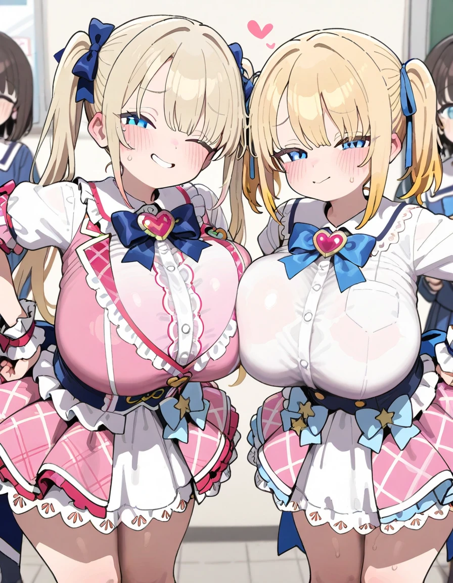 masterpiece, Highest quality, Beautiful face and eyes in every detail, Two Girls, Cute idol, Cool Idol, Event Stage, Cool idol costumes, sing, Laughter,（hyper Huge breasts:1.9)(shirtlift:1.8),(nipple:1.5),(Top view:1.4),(Side by side:1.7),(slouch:1.7),( pov breasts grab:1.8),(nsfw:1.7),( hold one's chest with one's arms:1.5),grin,cum on breasts,(POV penis),