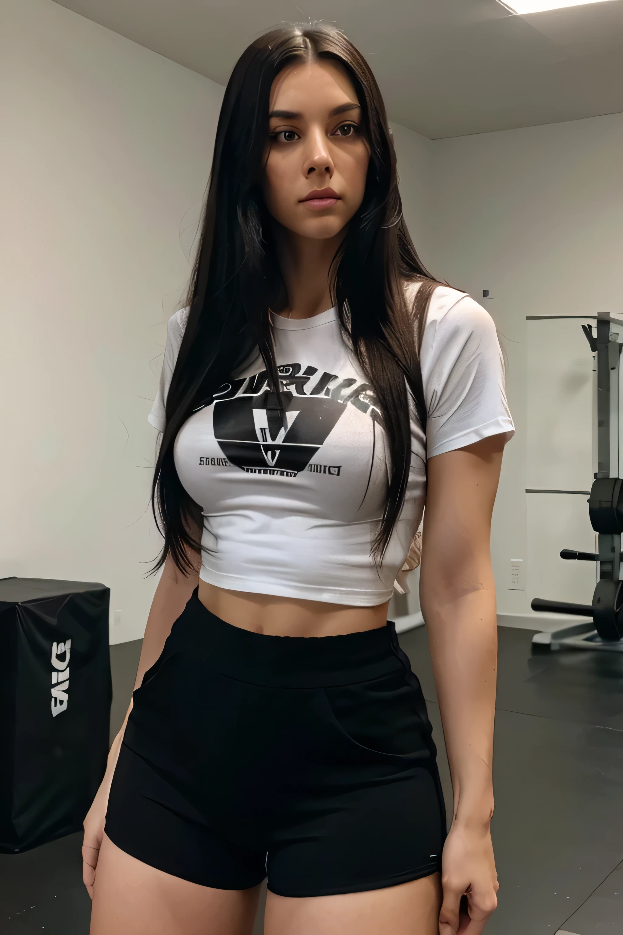 Beautiful girl, European appearance, with long straight hair, detailed hairstyle, ultra-realistic, black hair gathered in a bun, beautiful face, clear facial features, detailed face, with a sporty figure, beautiful figure, trains in the gym, white T-shirt, tight T-shirt, sports T-shirt, sweat-soaked T-shirt in places, in white tight shorts, sports white shorts, white sneakers, sneakers on feet, long legs, tired of training, a girl in full height, from head to feet, looks into the camera lens, professional photo, realism, hyperrealism, a large gym, a lot of equipment for sports, people are doing sports around, a lot of people, (8k, raw photo, best quality, masterpiece: 1.2), (realistic, photorealistic: 1.37),