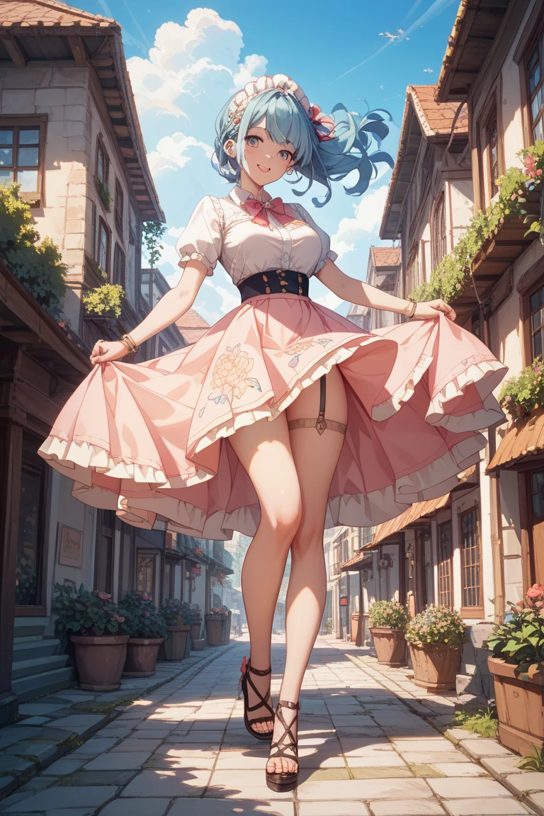 Browsing Caution, (最high quality, 4K, High resolution, masterpiece:1.2), Very detailedな, (Anime Style, Realistic:1.37), Cinematic Light, , (((young woman))), (Round eyes), (Small face), (Skin with attention to detail: 1.2), clavicle, Cute Face, Beautiful appearance, Long eyelashes, (Rainbow Hair, blue eyes), (Beautiful breasts:1.5), (Slim figure:1.5), Very detailed顔と肌の質感, Beautiful Eyes, Natural Makeup, Colorful costumes, Gorgeous maid outfit, Captivating woman, Please sit down and hold your knees, Lift up the skirt, Enjoying the act, A glimpse of sexy lingerie, Gazing Eyes, Beautiful Skin, Glowing Skin, Perfect Fingers, Five Fingers, Anatomically correct, Background blur, high quality, Surreal, Bright colors, ((Very detailed, photo shoot)),