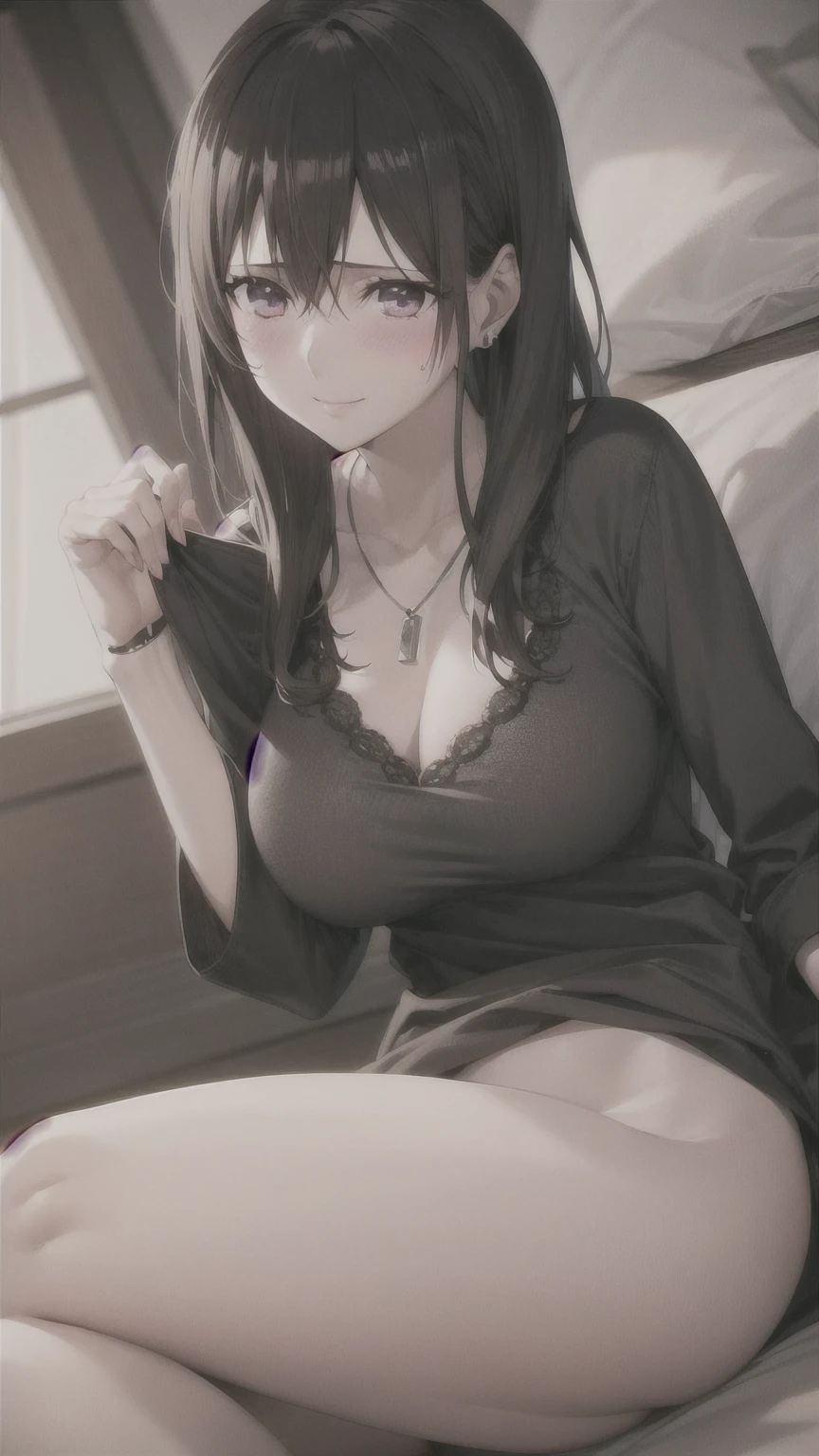 one woman, sitting with legs tucked under, tall of a person,yellow bra,yellow panty,thin,gleaming skin,beautiful face,sharp eyes,brown eyes,flushed cheeks,cool,angry,long hair,pony tale, black hair,slender face,indoor,illustration style,anime style,masterpiece, extremely fine and beautiful,illustration,adult woman