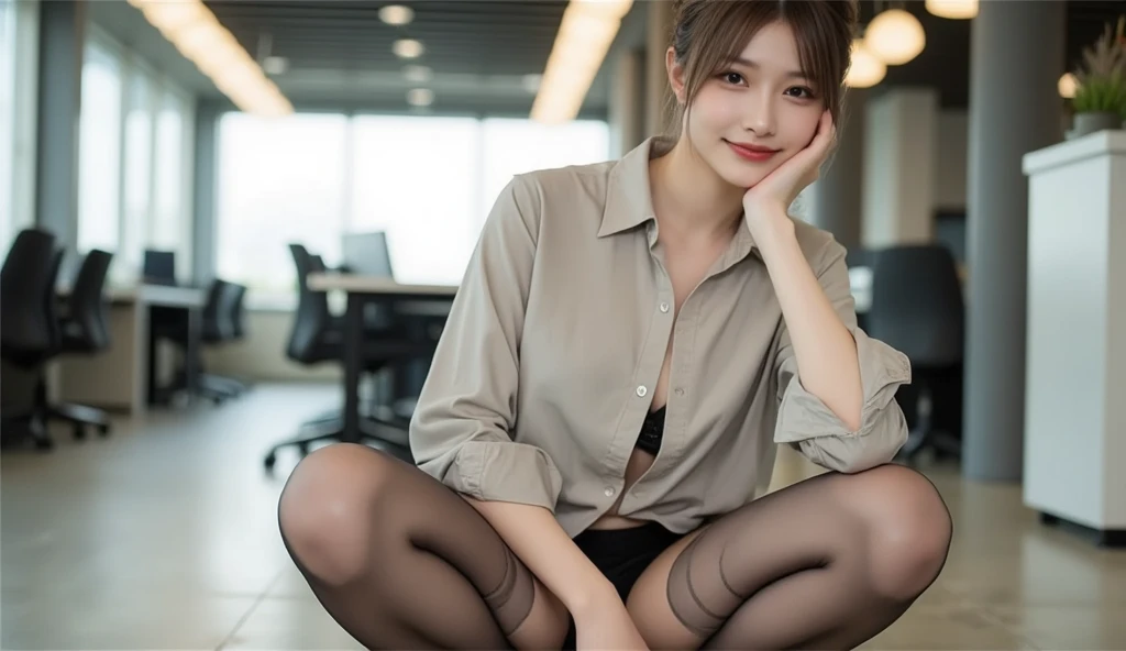 older sister, Beauty, A light smile, office, black tights, Crossing legs
