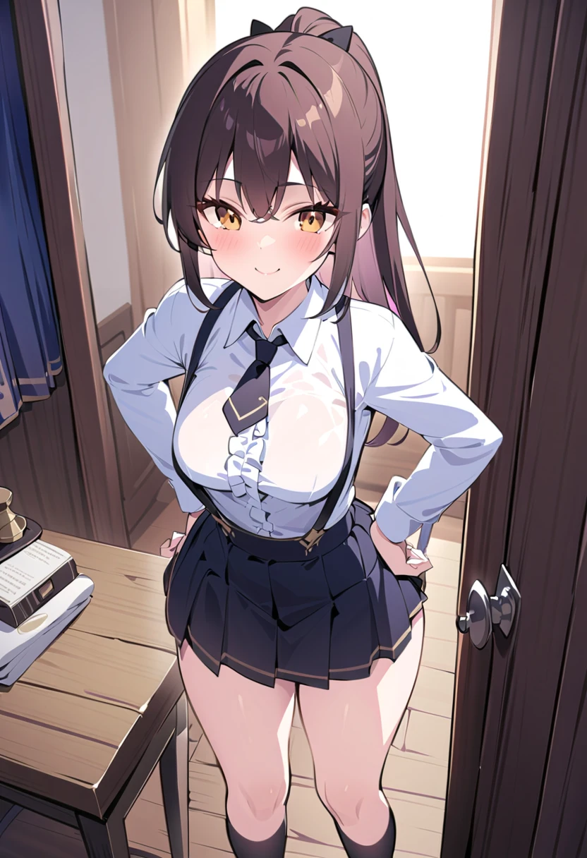 score_9, score_8_up, score_7_up, score_6_up, score_5_up, score_5_up, source_anime, realistic, 1 girl, dark_elf_olga , pointy_ears, dark_elf, dark_skin, breasts, glasses, thong, ass, solo, underwear, brown_eyes, panties, looking_at_viewer, skirt, smile, long_hair, desk, sitting, classroom, covered_nipples, school_uniform, black_hair, indoors, school_desk, window, large_breasts, looking_back, clothes_lift, red_skirt, skirt_lift, g-string, shirt, jacket, thighs, bow, purple_panties, long_sleeves, from_behind, closed_mouth, huge_ass, thick_thighs, white_shirt, cloud, huge_breasts, bangs, thick_eyebrows