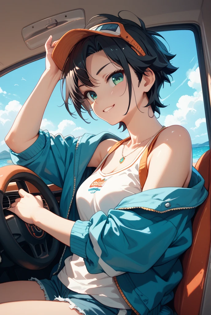 (masterpiece:1.2, highest quality), (realistic, photorealistic:1.4), beautiful illustrations, (natural side lighting, movie lighting), NSFW, 
looking at the viewer, 1 female, Japanese, woman in her 20s, perfect face, Cute symmetrical face, shiny skin, 
(short hair, brown hair), hair between eyes, brown eyes, long eyelash, (big breasts), 
beautiful hair, beautiful face, detailed and beautiful eyes, beautiful clavicle, beautiful body, beautiful breasts, beautiful thighs, beautiful feet, beautiful fingers, 
((Plain T-shirt one piece:1.6, middle boots, shorts, plain baseball cap:1.4)), evening, ((inside the car:1.6)), Are standing, (cute smile, cowboy shot),