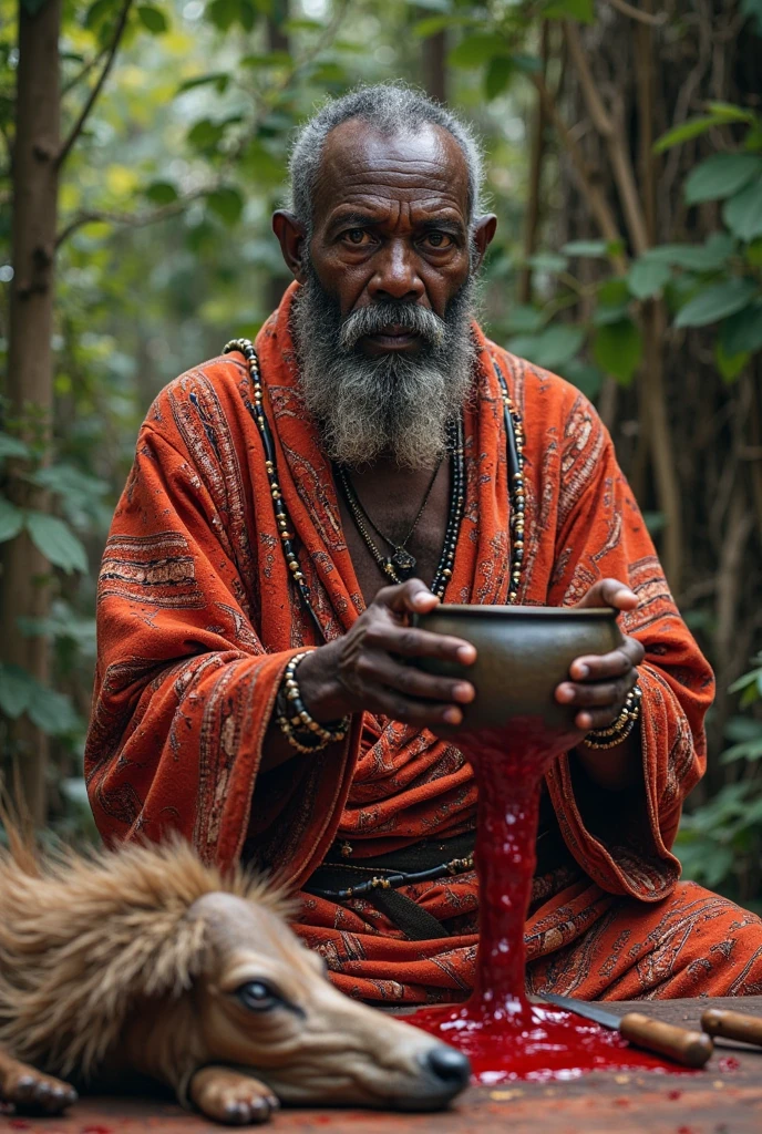 black male,unshaven beard,worn out clothes,eyes browns,,middle-age, feet in the mud, sitting in a swamp,like lit candles and a plate with eggs and a bottle of cachaça, baldie, body covered in mud