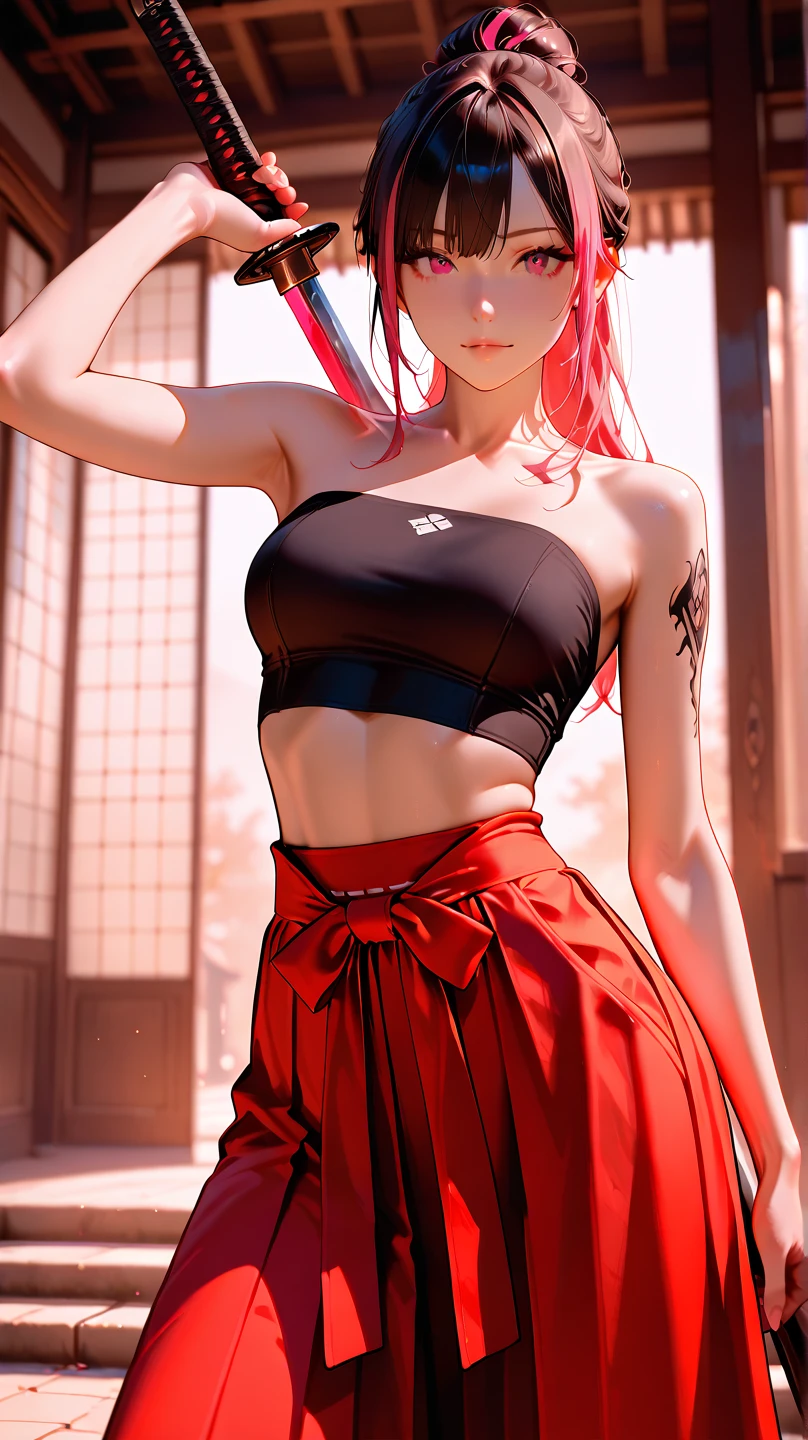 (Masterpiece, Excellent, 1girl, solo, complex details, color difference), realism, ((medium breathing)), off-the-shoulders, large breasts, sexy, long pink hair, hair above one eye, green eyes, earrings, sharp eyes, ((samurai sword on the back)), perfectly symmetrical figure, choker, mini blouse style neon top, mini skirt very short, against the wall, brick wall, graffiti, dim lighting,  alley, looking at the audience, ((medium, seductive, charming)), (((cherry blossom background)))), (((bright background in the dark)))