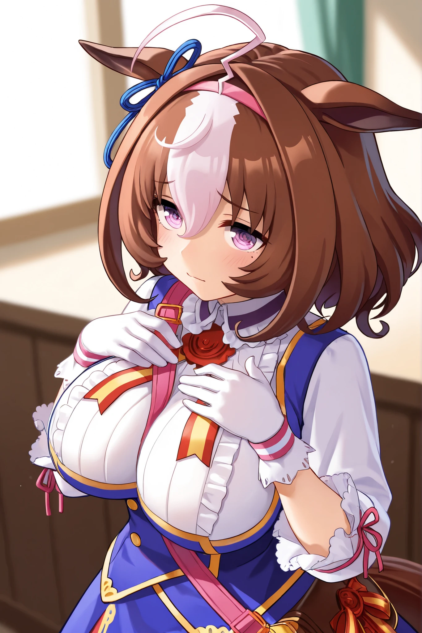 ((masutepiece, Best Quality, hight resolution, nffsw, Perfect Pixel, depth of fields, 4K, )), 1girl in, Solo, , Beautiful anime girl, Beautiful Art Style, Looking at Viewer, Perfect body, Yuigahama Yui, Short hair, single hair bun, pink hair, (large boob), Full face blush, Smile, thighs thighs thighs thighs, navy playboy bunny, red bowtie, white background, sitting on floor, portrait shot, Focus,