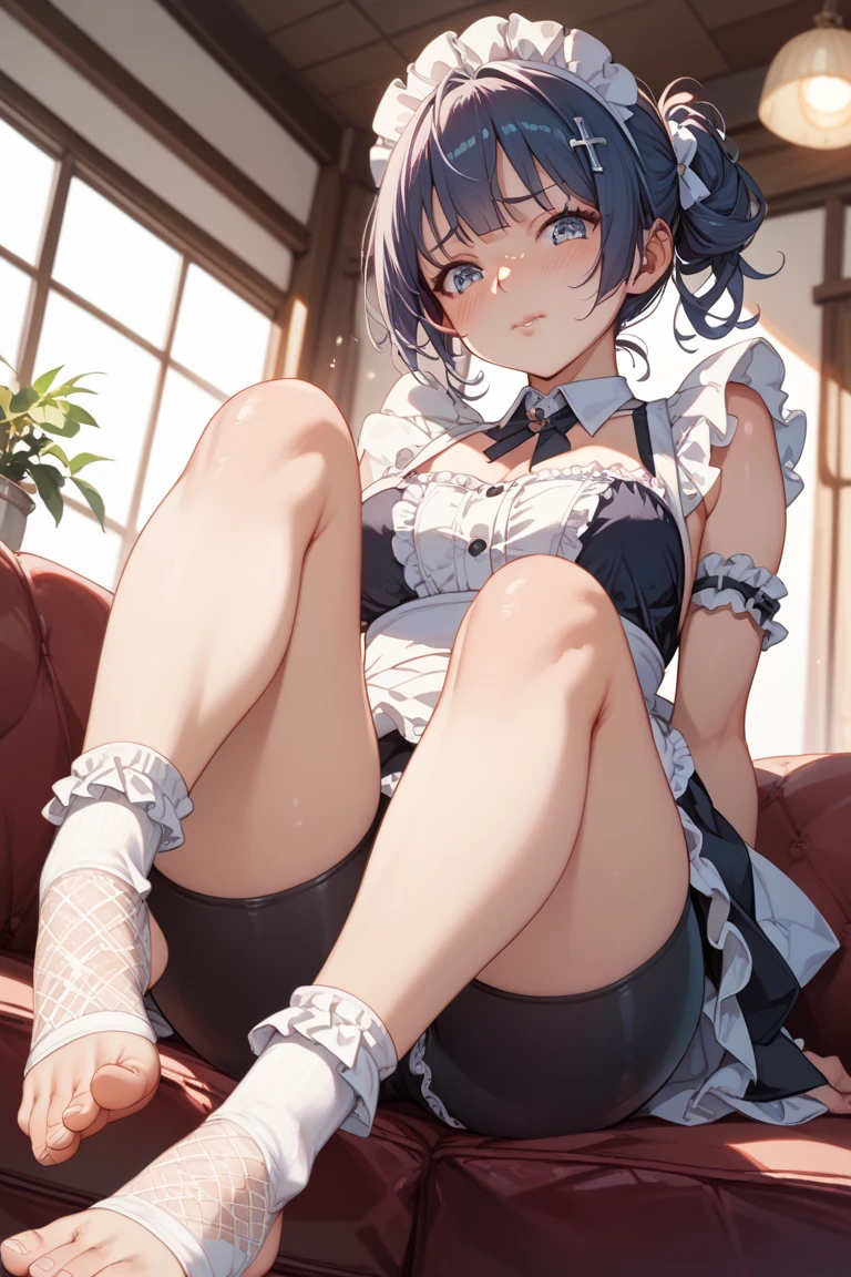 {{{masterpiece}}}, {{{best quality}}}, {{ultra-detailed}}, {illustration}, {{an extremely delicate and beautiful}},  Yozakura (senran kagura), One Girl, chest, Blue Hair, alone, short hair, underwear, flower, hair ornaments, blue eyes, heart-shaped eyes, huge breasts, muscular,   bunny girl, white rabbit ears, wrist cuffs, black leotardIndoor, Fishnet tights, humid, steam, sweat , rest, Bedroom, sitting,  foot up, perspired from below, showing her soles, showcasing the soles of her feet, soles in stockings, lower angle, extremely lower angle, focus on feet, focus on soles, Looking down at the viewer, Wicked Smile, blush, Mischievous face, Anatomically correct,