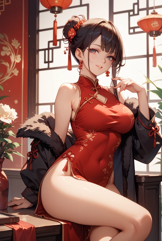 NSFW:1.9. Sex lying on the bed:1.9 Cute Adult female Chinese dress Chinatown Brown hair Clothes Big breasts Exposed Blush