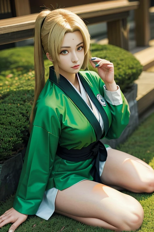 anime girl with blonde hair and green jacket standing in front of a building, tsunade from naruto, blonde anime girl with long hair, in a kimono, in kimono, dressed in a green robe, sage ( valorant ), from girls frontline, demon slayer rui fanart, shikamimi, female anime character, fine details. girls frontline, as an anime character