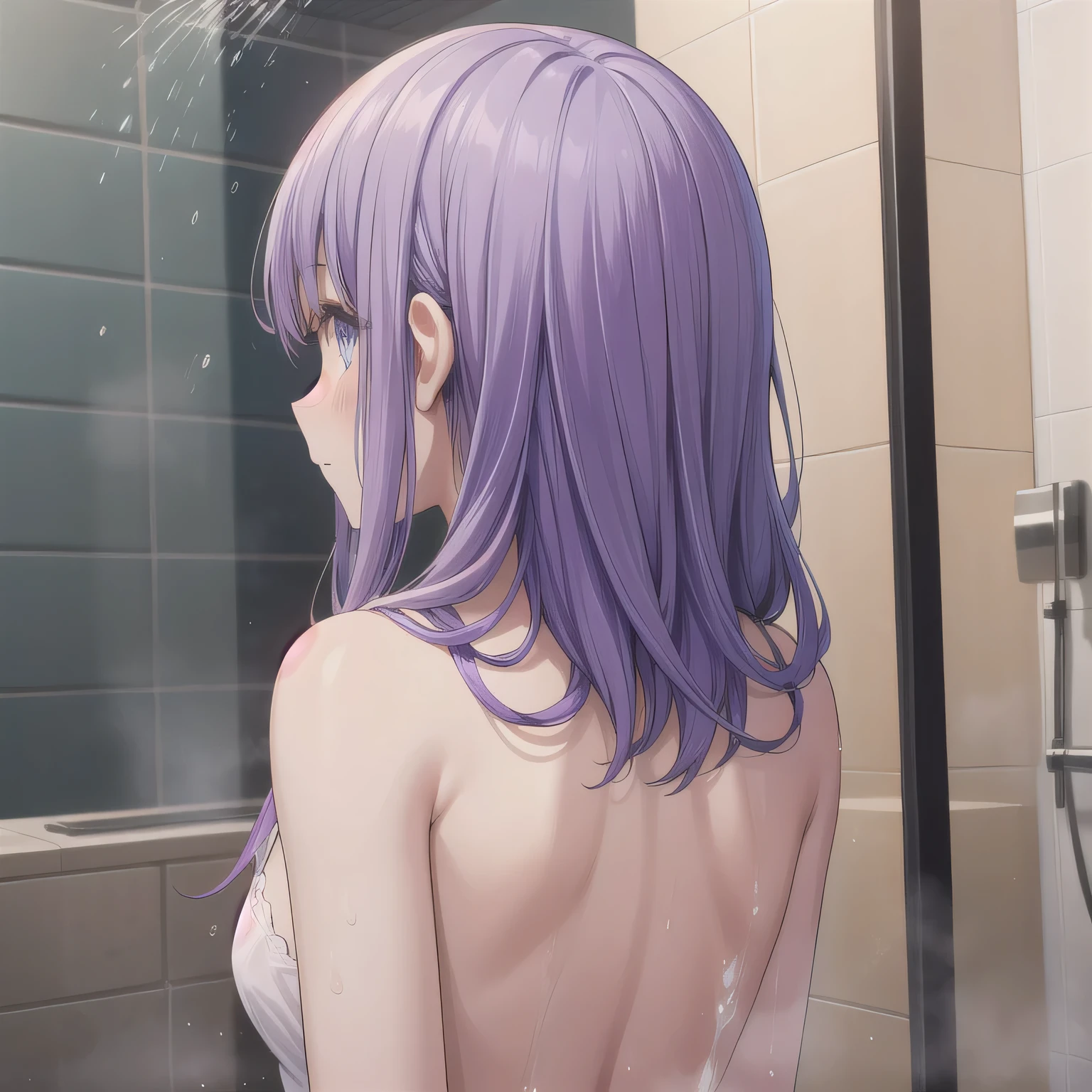 She is taking a shower in the shower room. She is facing away from me. She has small breasts. Purple hair, long hair, blue eyes.