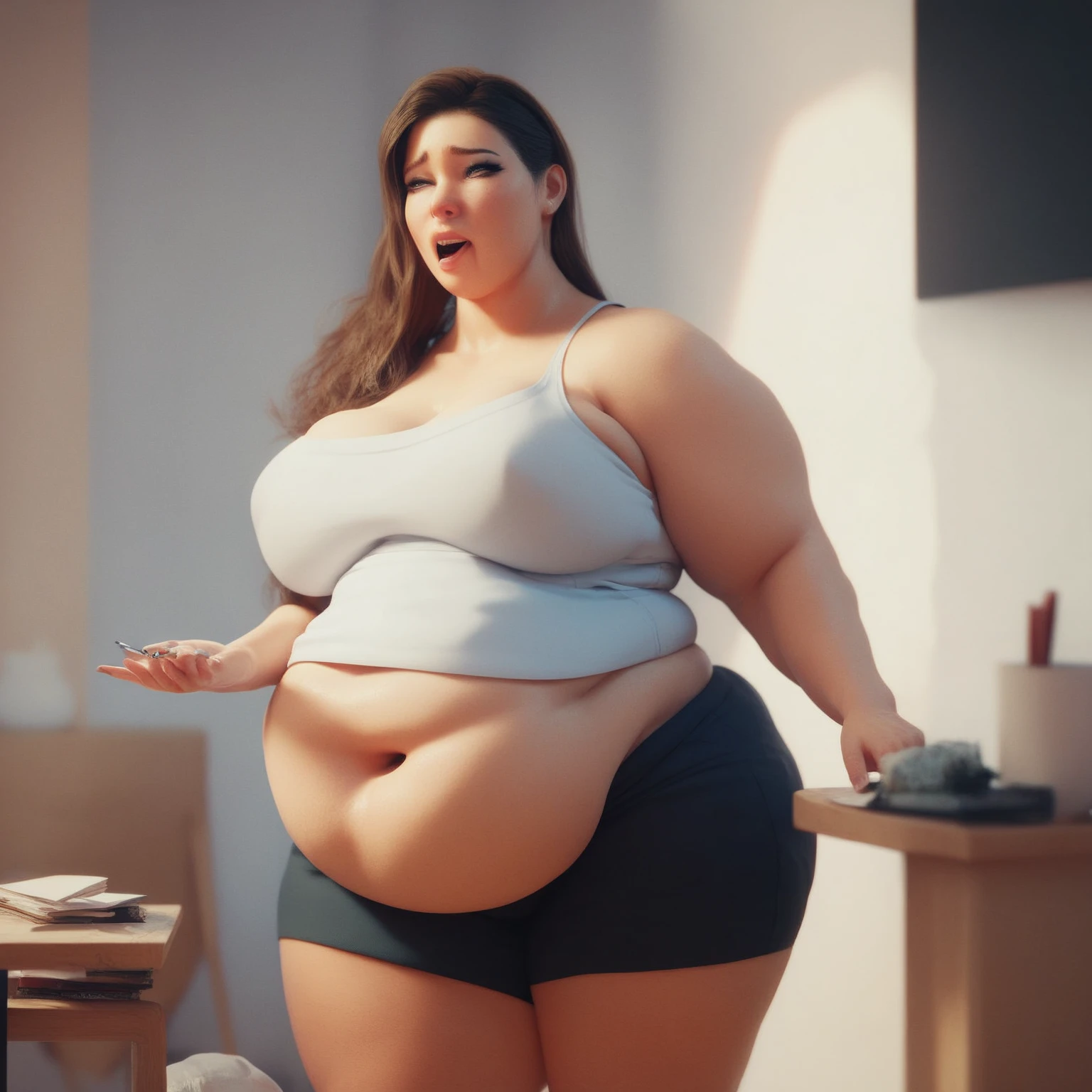 Around 50, wearing a white top and blue pants, taking a photo, thickボディ, surreal full body figure, thick, beautiful thick woman, sensual body, photorealistic perfect body, She has a plump, round belly, curvy model, Perfect body with realistic shading, curved body, curved hourglass illustration, beautiful curvy female, sensual figure