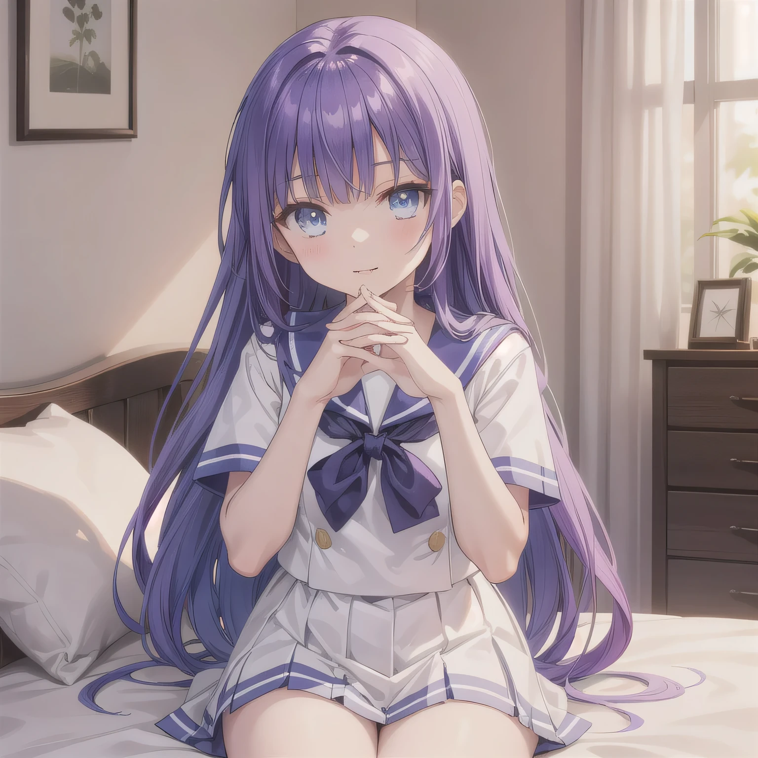 A cute anime girl wearing a Japanese schoolgirl sailor uniform. She is sitting on a bed in a cozy, plush-filled girl's bedroom. Her hands are lightly clasped in front of her mouth, as if holding something invisible. Her expression is dreamy and happy, with slightly parted lips, giving the impression she's about to take a bite of something delicious, though no food is shown. Purple hair, long hair, blue eyes.