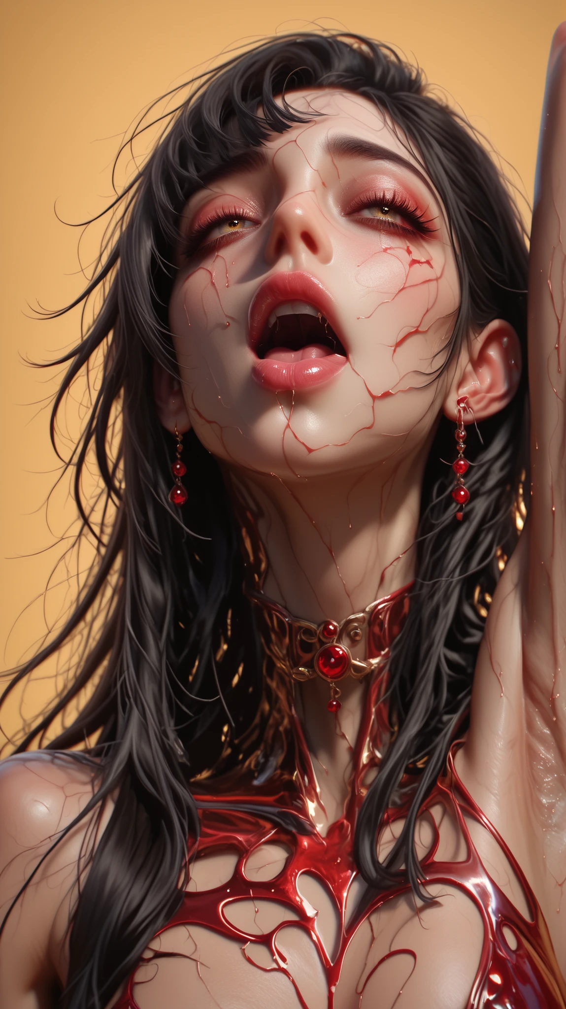 Hair covers bare chest、armpit, arm up, Open mouth loosely, depression、20 years old、woman、 black hair 、 red cheeks 、 pink lips、 long straight hair、Bob bang, upper body、 Look up at the viewers 、 simple yellow background、covered thick nipple,