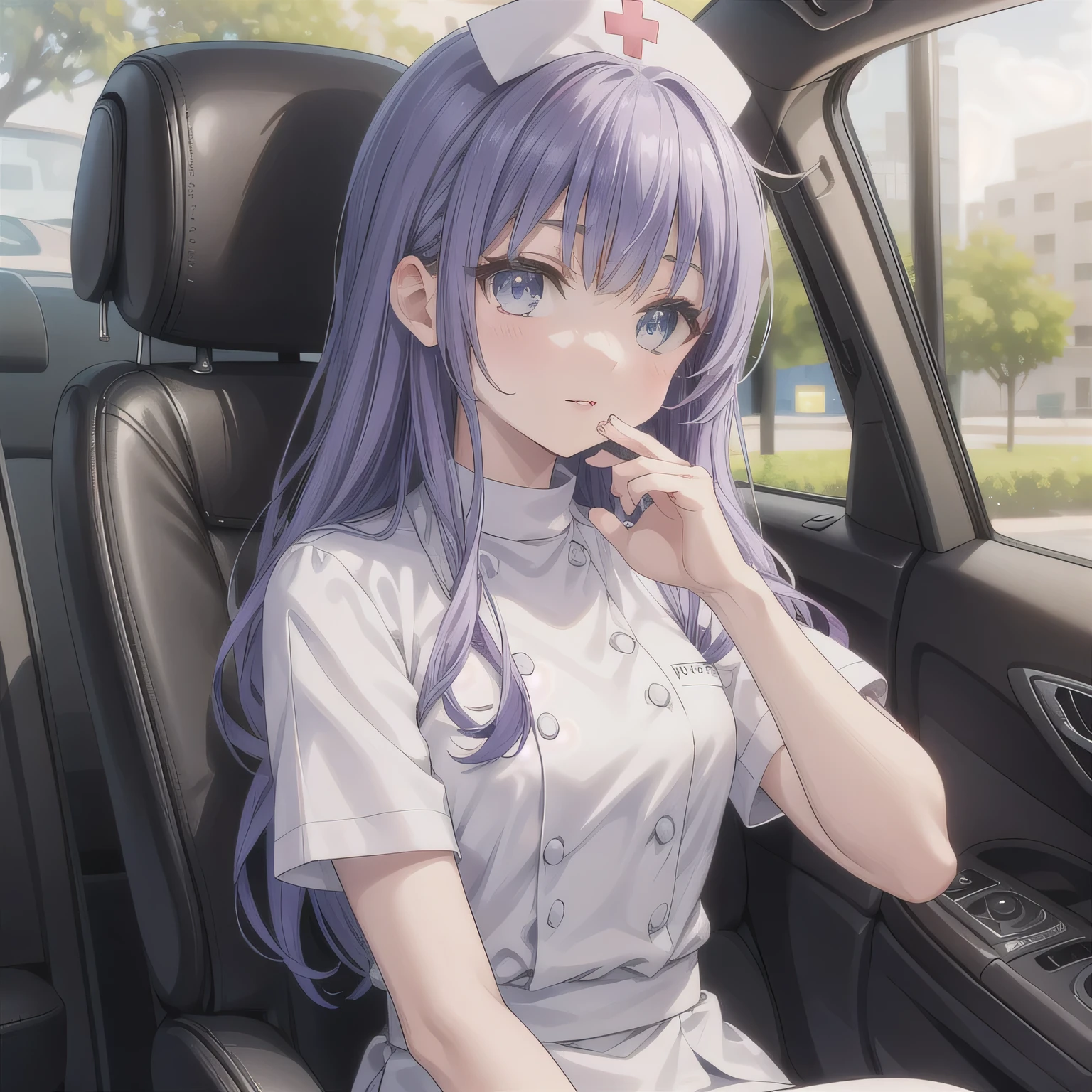 A beautiful anime girl sitting in the passenger seat of a compact car. She's wearing a light blue nurse uniform with a matching nurse cap, styled in a soft, elegant way. She leans slightly toward the driver's seat, her upper body tilted forward naturally. Her hands are gently held close to her mouth in a tender, thoughtful gesture, as if she's imagining holding something important and delicious. Her lips are slightly parted, and her expression is dreamy, blissful, and full of quiet delight, as if savoring a moment in her mind. The scene is warmly lit, cozy, and filled with a subtle sense of intimacy inside the small car interior. No food is visible. Purple hair, long hair, blue eyes.