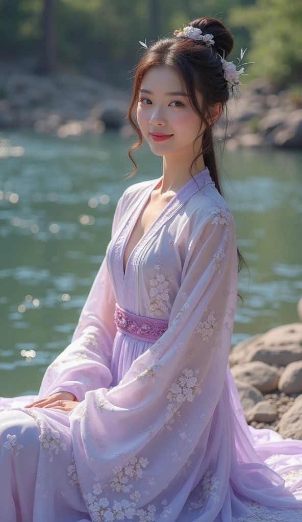 Superb Quality, Masterpiece, High Resolution, 1Girl, Blush, (Seductive Smile: 0.8), Star Pupil, Chinese Hanfu Lilac, Hair Accessories, Necklace, Jewelry, Beauty, on_body, Tyndall Effect, Realism, Lotus Pond, Light Edge, Two-tone Lighting, (High Detail Skin: 1.2), 8K UHD, DSLR, Soft Light, High Quality, Volume Lighting, Candid Photo, High Resolution, 4K, 8K, Background Bokeh