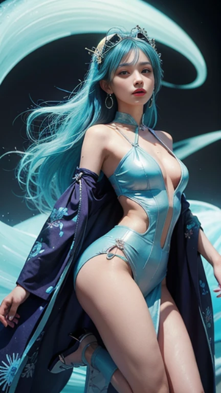 Cinematic film still, Ancient, Low angle shot, Ansel Adams style, Elegant girl with a hairband, wearing a leotard and cape, her blue hair flowing, multicolored eyes gleaming, vision of Genshin Impact,vision \(genshin impact\), long sleeves and gloves, side locks framing her face, black thighhighs, standing proudly, Ruins of an ancient city, vast space around her, symmetrical composition, Soft natural lighting, Canon camera, 85mm lens, F2.8 aperture.