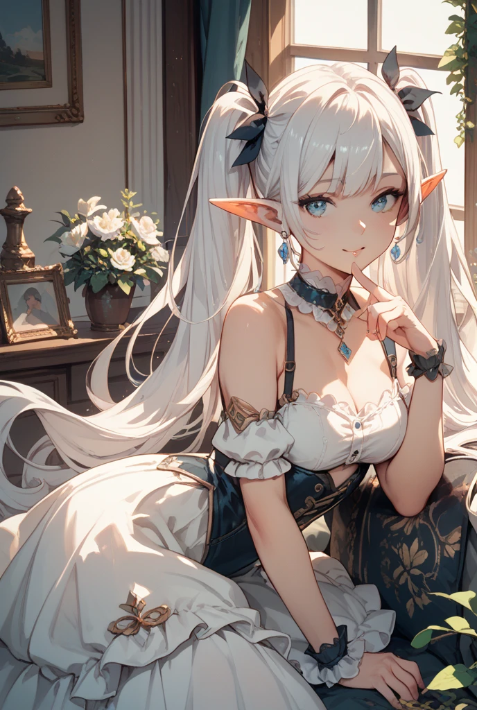(best quality, highres, ultra-detailed:1.2), beautiful long white hair, stunning golden eyes, intricately designed white folding fan, white dragon horns, ethereal lighting, soft color palette，swimsuit 