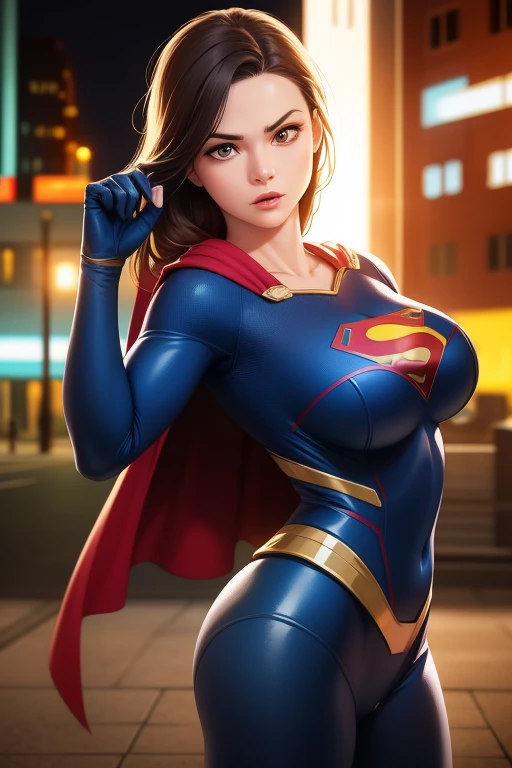 Two girls. Masterpiece. Two busty babes. Gloomy city, night, dim lights, under pouring rain, soaking wet. On skyscrapers roof tops, two hugely busty babes are undressing in front of each other, unveiling their huge breasts. First, Supergirl in her signature blue and red outfit, with logo on chest and a red cape. Second, Power Girl in her signature white outfit with a cutout on the chest, red cape attached on left side of outfit. Two girls together. Girl power. Girl passionate love. HD. High quality.