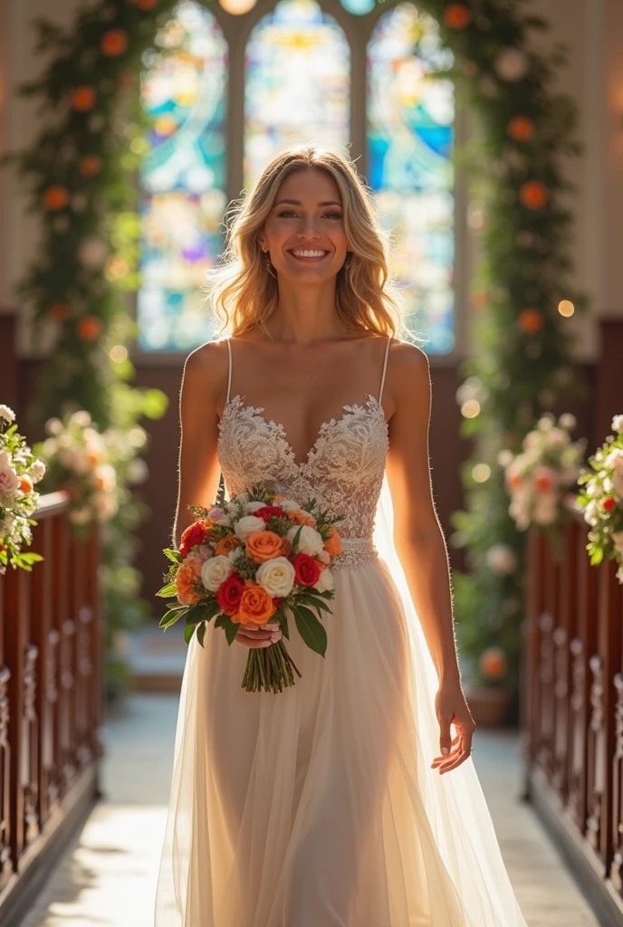 (((She has a happy smile on her face))) ((translucent luminous body_Wearing a white lace wedding dress), (woman made of light: 1.2, glowing hair_Long curly blonde hair),, (Upper body frontal close-up angle: 1.3), 8k, high dynamic range))((Works by professional wedding photographers)) symmetrical face, Symmetrical eyes, Ultra 8K detailed photos, 8K resolution concept (( masterpiece. real photos. Super high quality)) AMY put on her carefully selected.The most beautiful designs by famous designers.The most gorgeous.The most noble wedding dress.Standing on the red carpet in a church with stained glass.She has a happy smile on her face. She held a large bouquet of bright roses in her hands.And AMY is more beautiful than flowers.