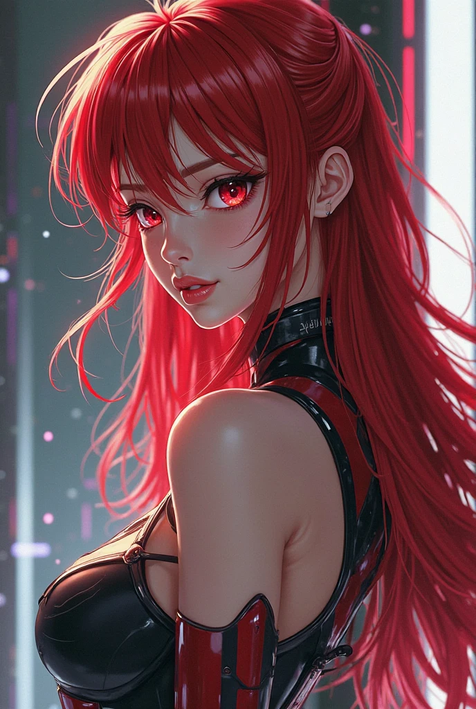 a close up of a woman in a black top and red lights, red aura, darkness aura red light, badass anime 8 k, red and cinematic lighting, anime style 4 k, emitting evil red aura, glowing red, crimson red aura, cyberpunk anime girl, female cyberpunk anime girl, anime cyberpunk art, alena aenami and artgerm