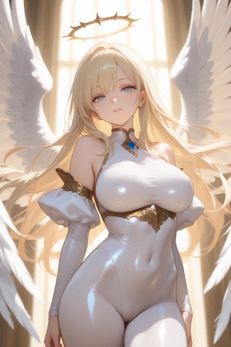 1 angel, fair skin, long blonde hair, golden eyes, white wings, ((detailed eyes:1.2)), medium breasts, wearing translucent white toga, elegant, sensual, sideboob, (masterpiece, top quality, best quality, official art, beautiful and aesthetic:1.2), extreme detailed, colorful, highest detailed