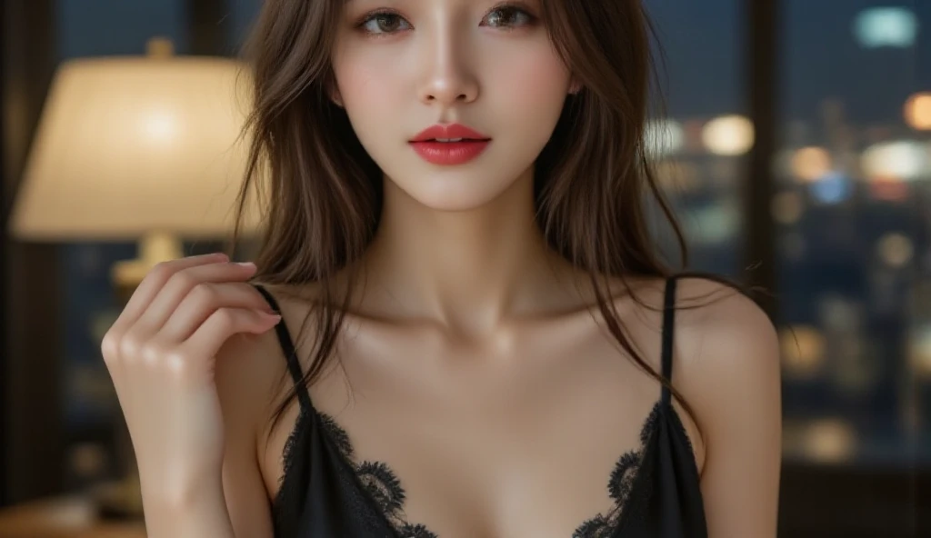 A gentle and charming Korean woman, black lace bra, tulle skirt, blushing face, shy, full body shot, body facing forward, sexy provocative pose, beautiful delicate face, pink lips, closed eyes , with a shy face, slightly exposed shoulders, looming breasts, focus on the face, seductive and exquisite clavicle, ultra-high resolution, tender and smooth skin, very realistic details, simple background, ultra-high-definition, outstanding details, 8K, the face is ashamed Red, attractive collarbone, sexy shoulders, blushing cheeks, upper lip biting lower lip, closed eyes, extremely shy,
