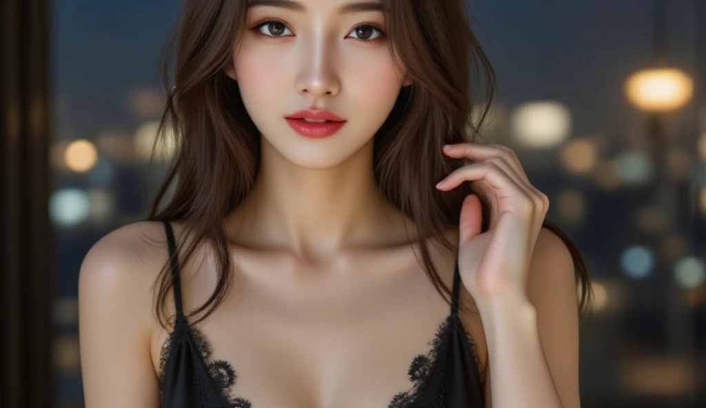close-up of beautiful korean female, 34 inch breasts size, wearing a Devil May Cry, bokeh background, UHD