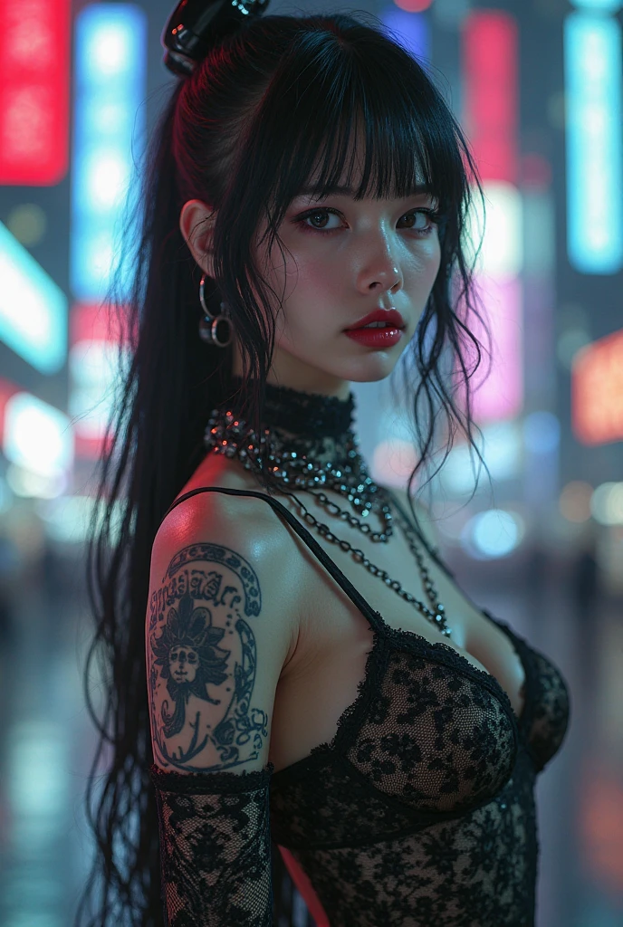highest quality、8k、masterpiece：1.3、Gothic Punk、The inner color is red、Gray Black Hair、hair ornaments、beautiful girl、creative、Punk Shirt、Neogoth、Goth Fashion：1.2、High resolution、masterpiece、highest quality、頭w:1.3、((Hasselblad Photos))、Fine skin、Sharp focus、(Cinema Lighting)、Explore Tokyo&#39;s nightlife behind the neon lights, Forehead open, 19 years old、Petting&#39;Hair back、Shoulder Bare、Small red rose tattoo on the décolletage