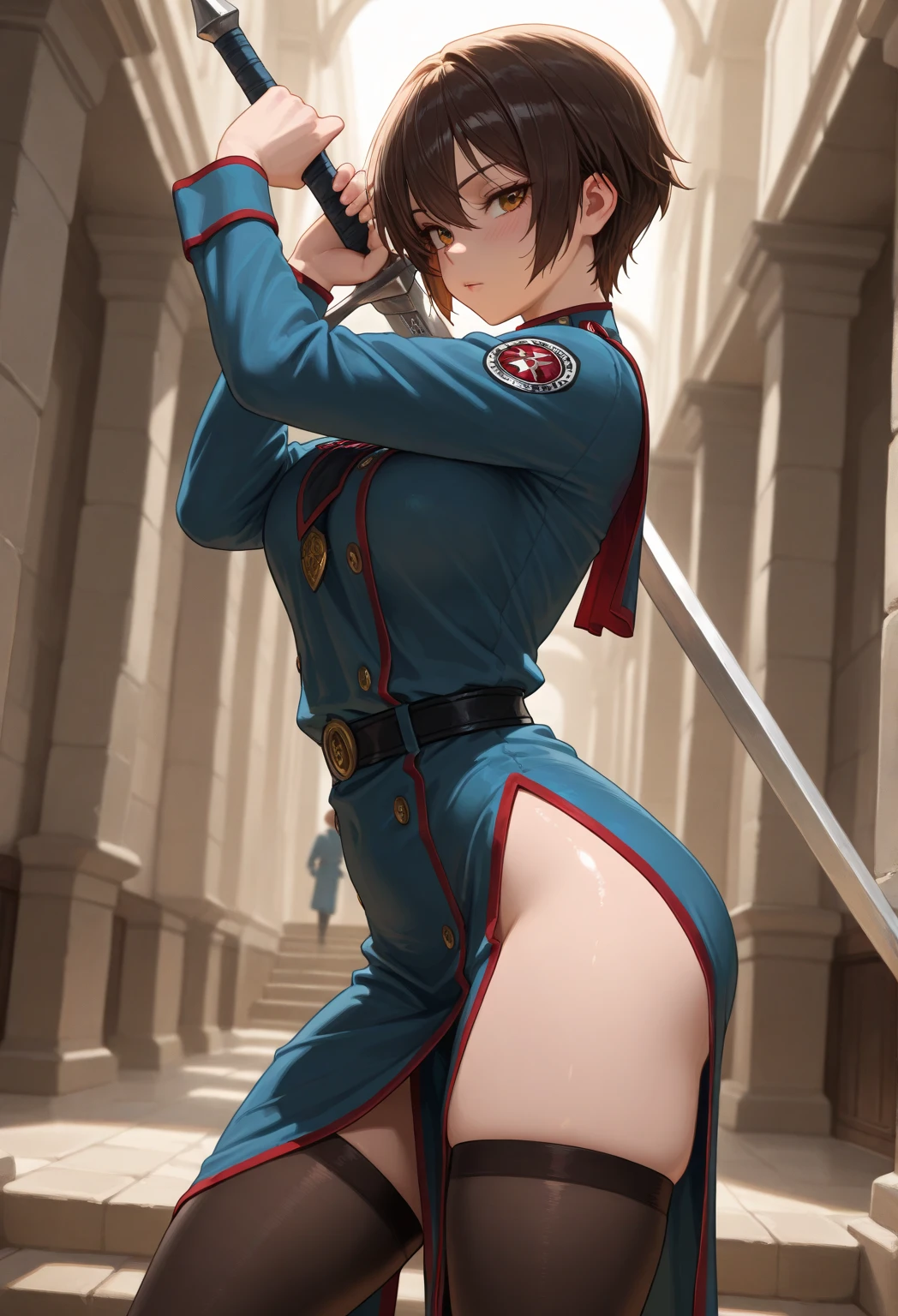 Masterpiece, Best Quality, Highly detailed, illustration, absurdres, street fighter, doll suit, shadaloo doll, dollsuit, girls, multiple girls, expressionless, blank eyes, looking at viewer, red gloves, emotionless, black latex, corrution, mind control, female combatant, full body, hypnotized, unhappy trance, full body suit, ribbed bodysuit, both arms at side, stand up straight, obey, nazi saluting, military, military saluting, salute, perfect female body, extremely glossy latex, hypnosis, hypnoLora, empty eyes, Mind control device, thigh high, poses, submissive_pose, standing, standing at attention, kneeling, Slave, hat, necktie, tales of, tales of destiny, Reala, hair ornament, red collar, red choker, grey hair, grey eyes, short hair