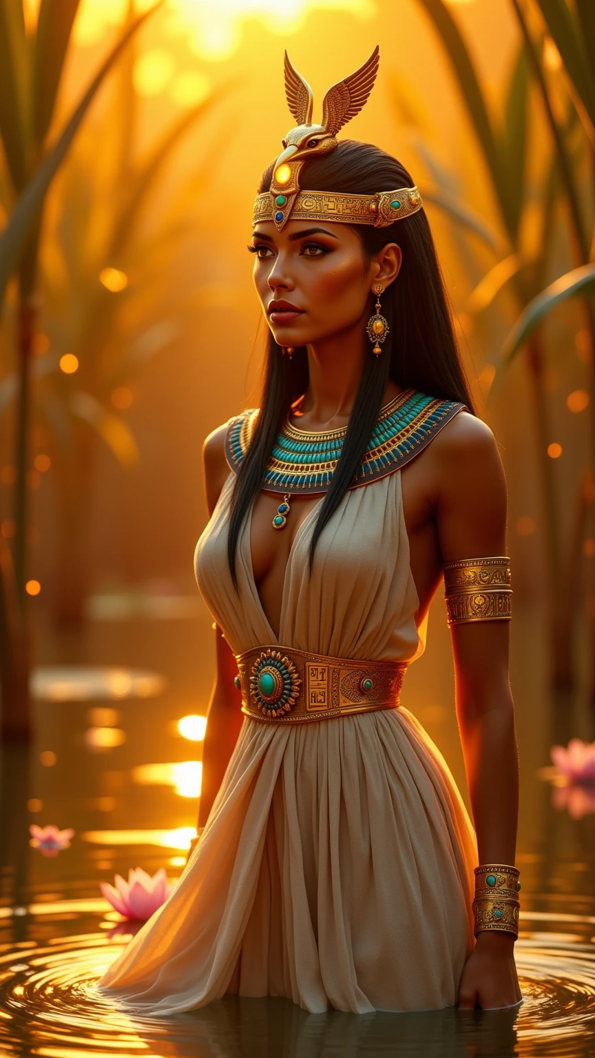 A hyper-realistic portrayal of Hathor, the ancient Egyptian goddess of beauty, love, and joy. She stands gracefully, her figure embodying divine femininity, with a slender yet voluptuous form. her breasts are big and firm.  Her skin is a rich, warm bronze, glowing with a subtle, ethereal light. Hathor's face is serene and captivating, with large almond-shaped eyes that are deep brown and filled with compassion. Her lips are full and slightly curved in a gentle, knowing smile. She wears an elaborate headdress featuring a sun disk encircled by cow horns, symbolizing her role as a sky goddess and mother figure. Her long, dark hair flows freely down her back, adorned with intricate gold and turquoise beads. Hathor is dressed in a flowing, sheer white gown, A hyper-realistic portrayal of Hathor, the ancient Egyptian goddess of beauty, love, and joy. She stands gracefully, her figure embodying divine femininity, with a slender yet voluptuous form. her breasts are large and firm.  Her skin is a rich, warm bronze, glowing with a subtle, ethereal light. Hathor's face is serene and captivating, with large almond-shaped eyes that are deep brown and filled with compassion. Her lips are full and slightly curved in a gentle, knowing smile. She wears an elaborate headdress featuring a sun disk encircled by cow horns, symbolizing her role as a sky goddess and mother figure. Her long, dark hair flows freely down her back, adorned with intricate gold and turquoise beads. Hathor is dressed in a flowi delicately embroidered with gold threads that catch the light, that perfectly shows her figure, subtly showing her most sensual parts. emphasizing her divine status. Around her neck, she wears a broad collar of turquoise, lapis lazuli, and gold, shimmering with each movement. The background is a lush, vibrant landscape of the Nile, with palm trees and lotuses in bloom, symbolizing fertility and life. The entire scene exudes a sense of harmony, joy, and the nurturing presence of Hathor."

