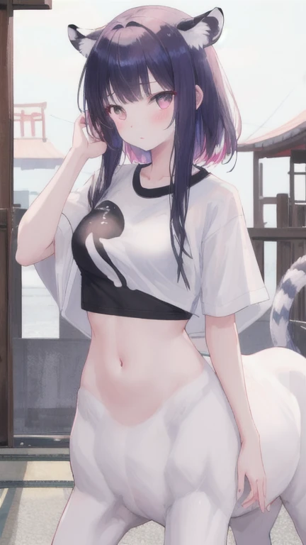 (best quality, masterpiece), 1 girl, centaur, It takes, White skin, Korean ,daughter,black pink,Smiling, exposing the abdomen, belly button t-shirt , 아름다운 소녀 Perfect wild white tiger photo, Perfect wild white tiger photo