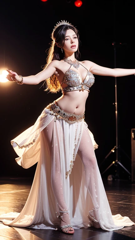 a beautiful female dancer, extremely detailed face and body, gorgeous long hair, elegant and sensual dance pose, high heels, (best quality,4k,8k,highres,masterpiece:1.2),ultra-detailed,(realistic,photorealistic,photo-realistic:1.37),cinematic dramatic lighting,warm color tones,intricate fabric textures,graceful fluid movements,captivating expression,chiaroscuro lighting,dramatic shadows,ethereal atmosphere,sensual and alluring,hyper detailed