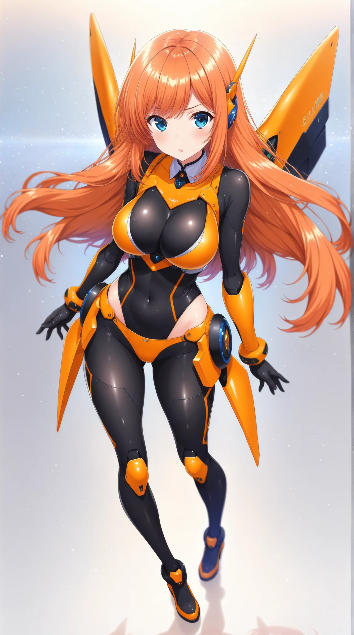 ((Best Quality)), ((Masterpiece)), ((Realistic)) tsuka kendou, 1woman, cute face, determined look, smile, long_legs, full_body, adult mature female ((spiky orange-pink hair,))((orange-pink mullet 1.1)), (long hair), bright cyan_eyes, (yellow_pupil,) hero, sleeveless blue_spandex_bodysuit, long orange-pink rabbit_ears, colored concept art, highly detailed character design, highly detailed face, Vivid and colorful colors, Delicate lines,