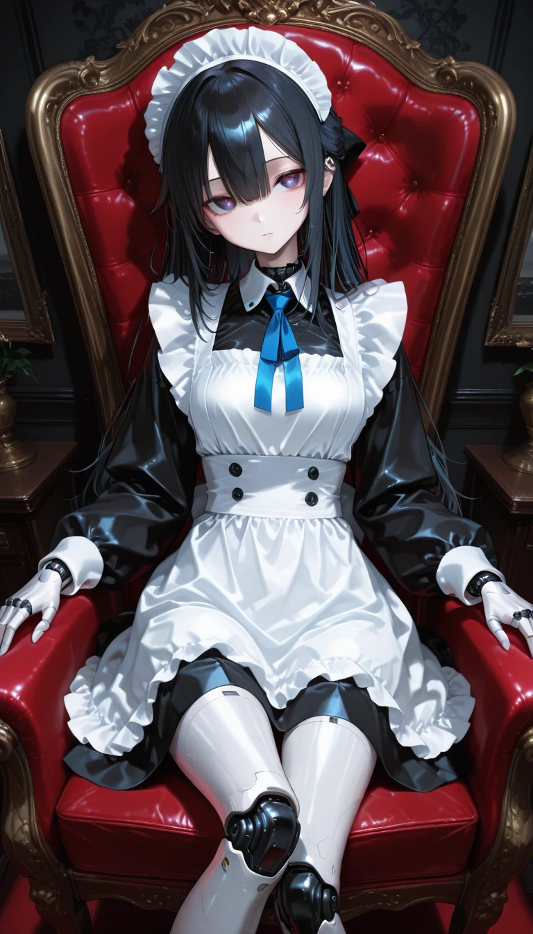 (anime style, masterpiece, best quality, ultra detailed, detailed face, detailed eyes, perfect eyes, detailed pupils, symmetrical eyes, evenly spaced eyes),
(intricate clothing, sharp focus, fine embroidery, folds and creases, material shine), third-person view, 
three-quarter view, 1girl, (standing, standing posture), facing forward, soft smile, symmetrical face:1.1, centered composition:1.1,
(purple eyes, big eyes, droopy eyes, gentle eyes, expressive eyes, vivid eye highlights),
(black long hair, straight hair, shiny skin, tall stature, curvy, large breasts, soft waist, long legs),
wearing victorian maid outfit, soft fabric, loose clothes, closed clothes,
BREAK 1boy, sitting in front of girl, facing her, faceless boy, (no lying:1.2),
(soft lighting:0.8), low contrast, luxurious victorian interior