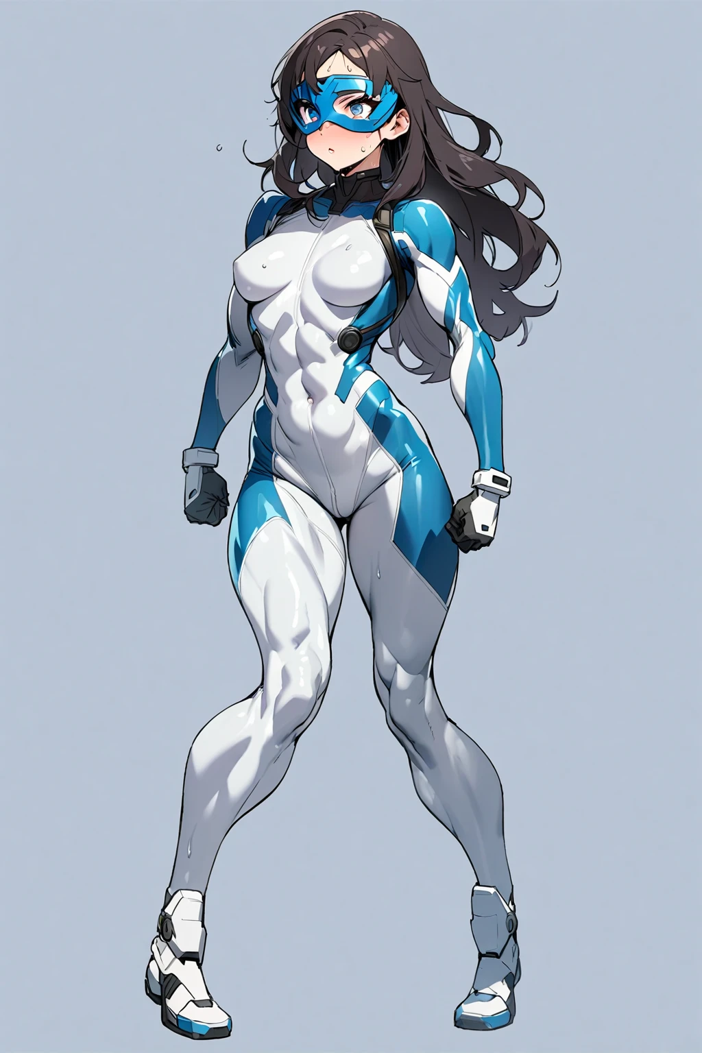 (masterpiece), (best quality), ((Nicki Minaj)), makeup, (brown skinned female), (thick thighs), ((small breasts:1:1)), hair with bangs, ((storm from x-men outfit)), ((grey background)), (full body) contoured