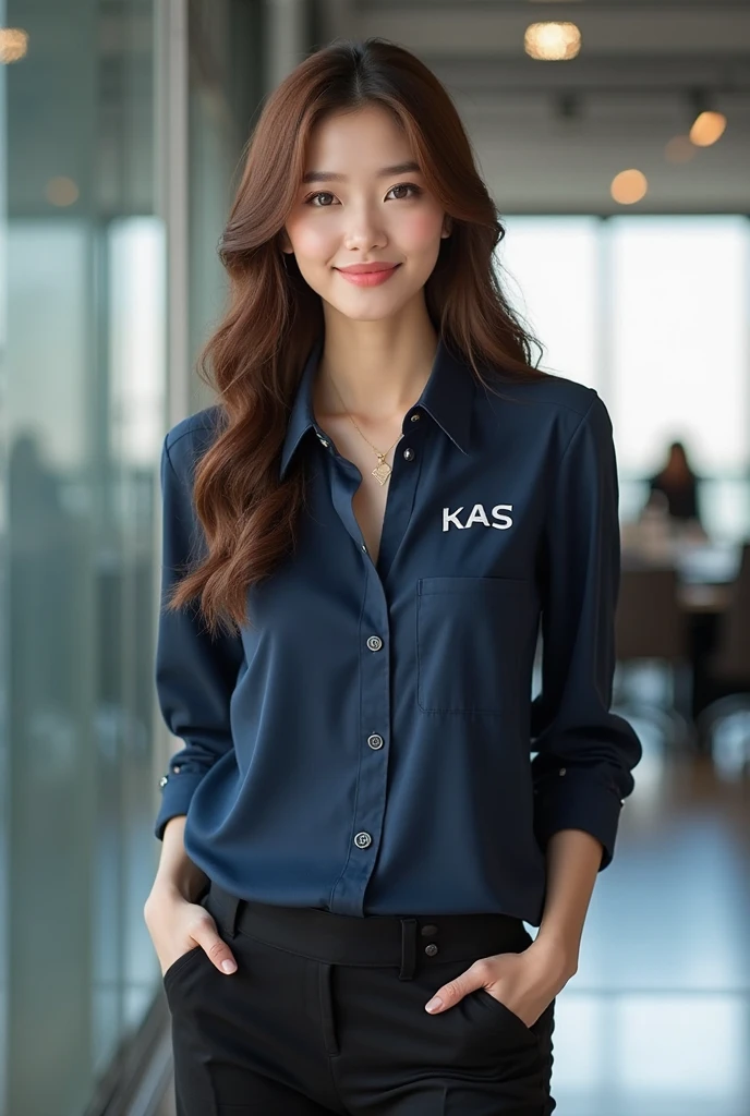 Designing a business suit (shirt and pants) for female employees of Hoa Sen University, blue #034Ea2 with school logo