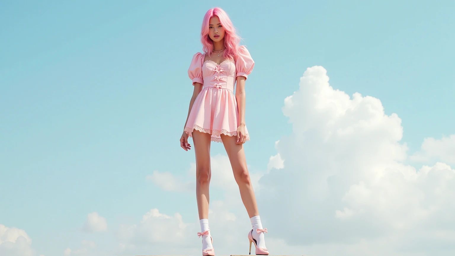Bianca chanting a spell,(shoot from below),((white panties)),(storm from below),thundercloud,dqBianca,
single braid,((pink dress)), earrings, choker, orange cape, belt