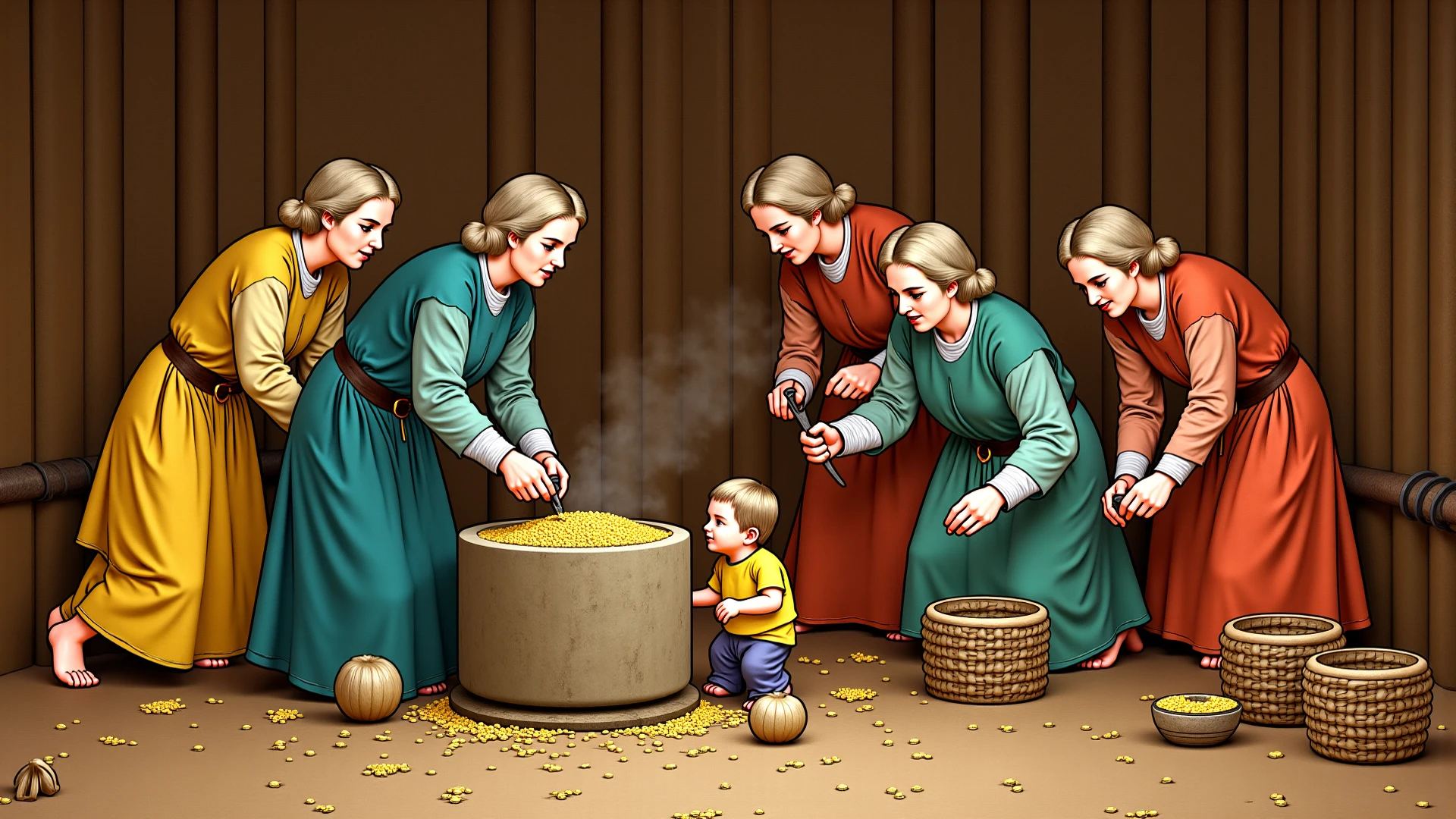Mary, Jesus' mother, teaching children to cook