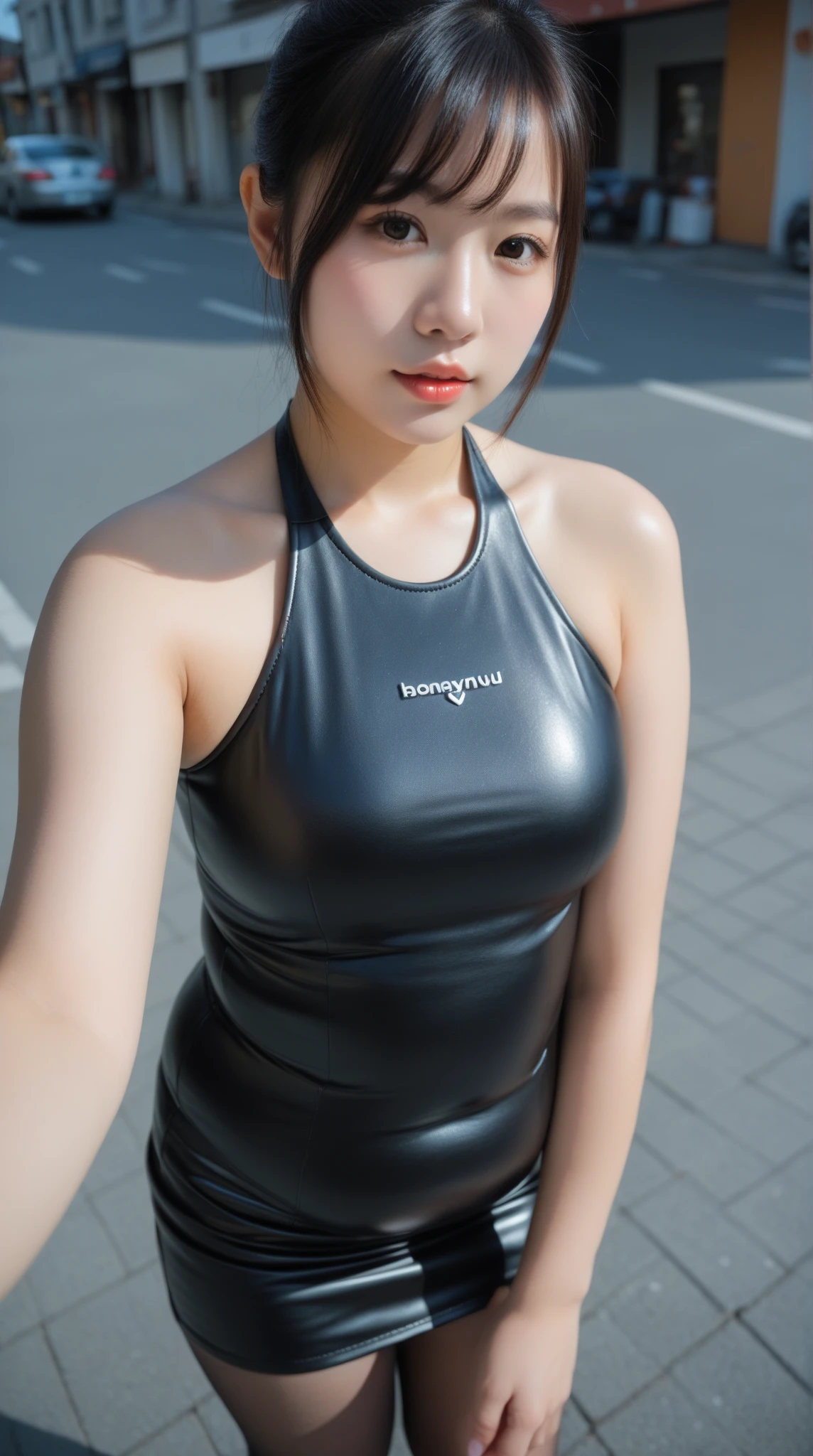 1girl, solo, (uniform), standing, at the beach, beautifully ocean scenery, detailed cute face, detailed eyes, thick medium breasts, smooth realistic skin, black latex shirt, black latex hot pants, looking at the audience, low angle shot,(8k, RAW photo, best quality, masterpiece: 1.2), (realistic, realistic: 1.37), ultra-high resolution