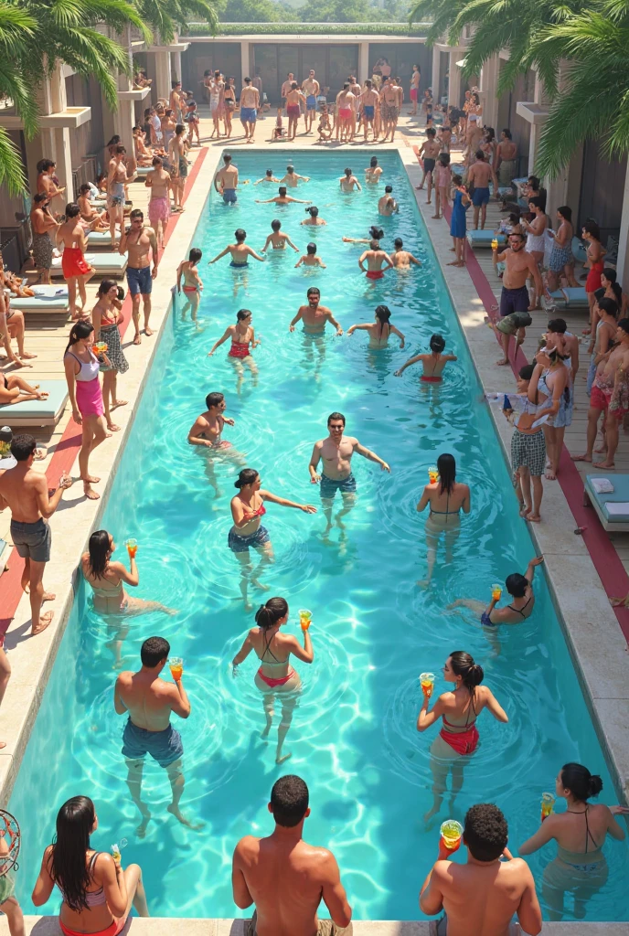 (Pool parties), holiday decorations, full body, (Photography), panoramic view, award-winning, cinematic still, emotional, vignette, dynamic, vivid, (masterpiece, best quality, Professional, perfect composition, very aesthetic, absurdres, ultra-detailed, intricate details:1.3)