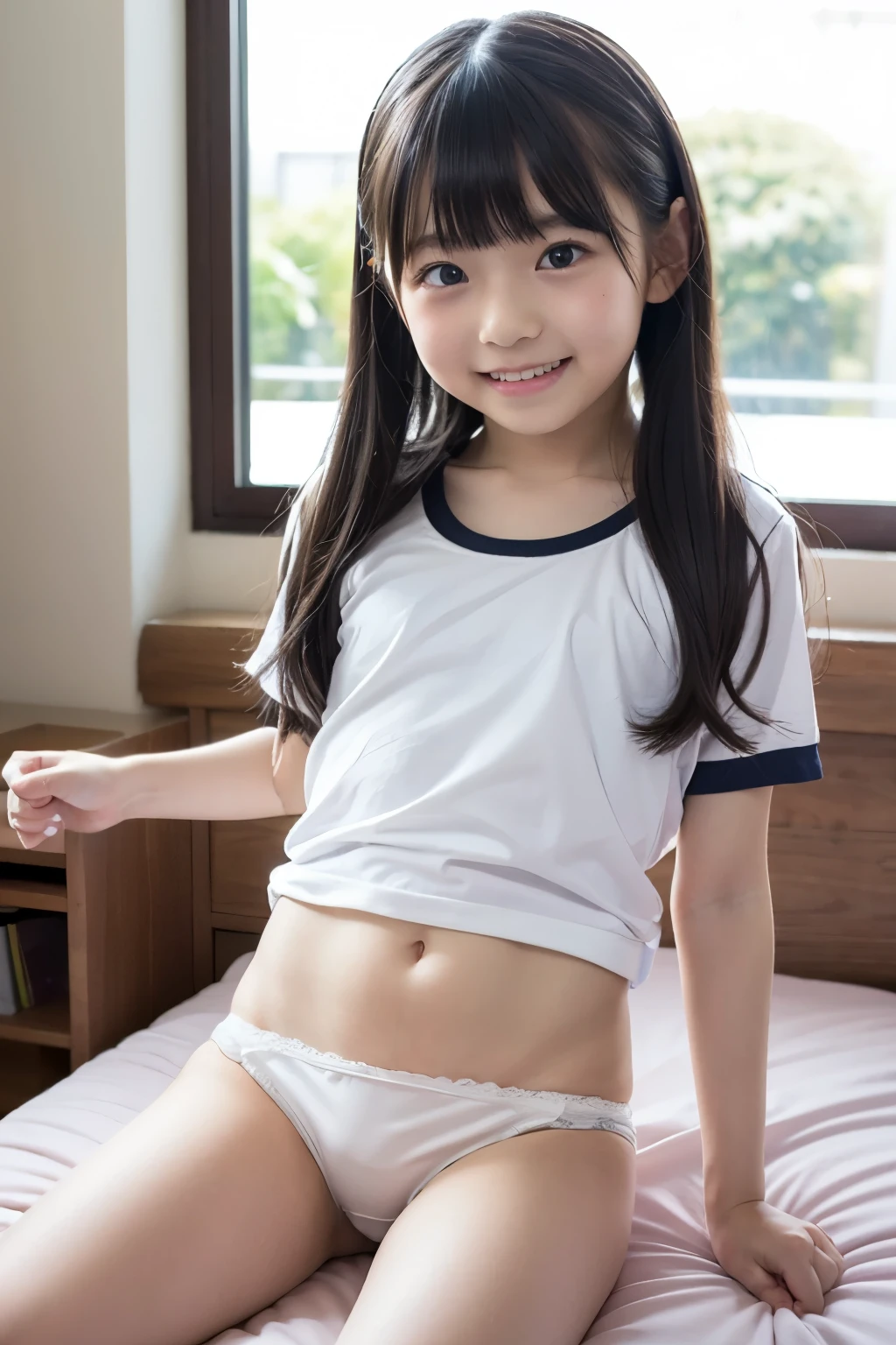 Japanese,Beautiful 6 years old,Baby Face、Upper body image、Ultra-flat chest:1.85、Ultra short height、An innocent smile、Flat Chestのクローズアップ、Flat Chest:1.85、cute,Primary school students,clavicle、Primary school studentsの私服、Summer clothes、So small and so young、On the bed:1.85、She has her arms open wide waiting for a hug:1.85、Big frilly ribbon:1.85、Strong motherhood、Ultra-flat chestの乳首