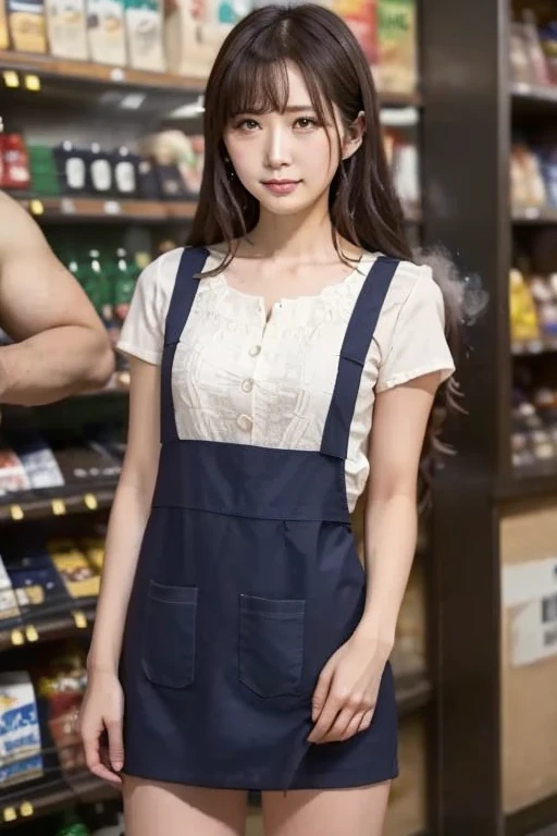 21 years old girl (Japanese cute face) wearing mini skirt and apron and working at umbrella shop