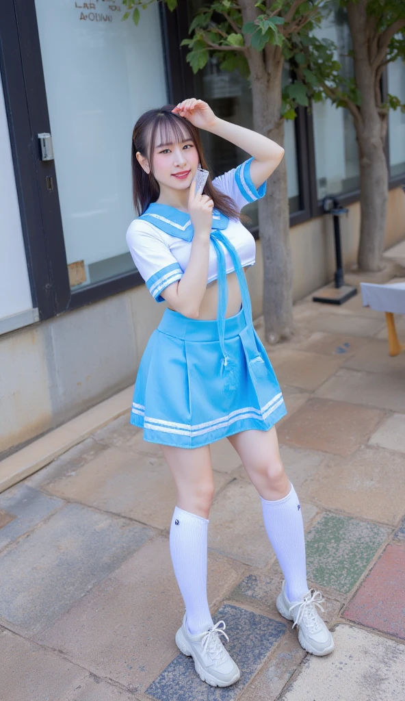 (tokyo disney resort dancer open thighs),make up,Donald Duck style hat,White and light blue horizontal striped panties,Blue Sailor Short Sleeve,White pleated skirt,Red ribbon tie,shoot from below,