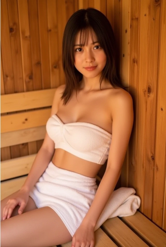 Sexiest towel wrap, Wearing a swimsuit, Different model poses, Attractive body, Professional photography, Perfect Face, Fine grain, Close-up, In the sauna, Sitting, Captivating looks、Relaxed facial expression、Relaxing with candles burning、I feel at peace.